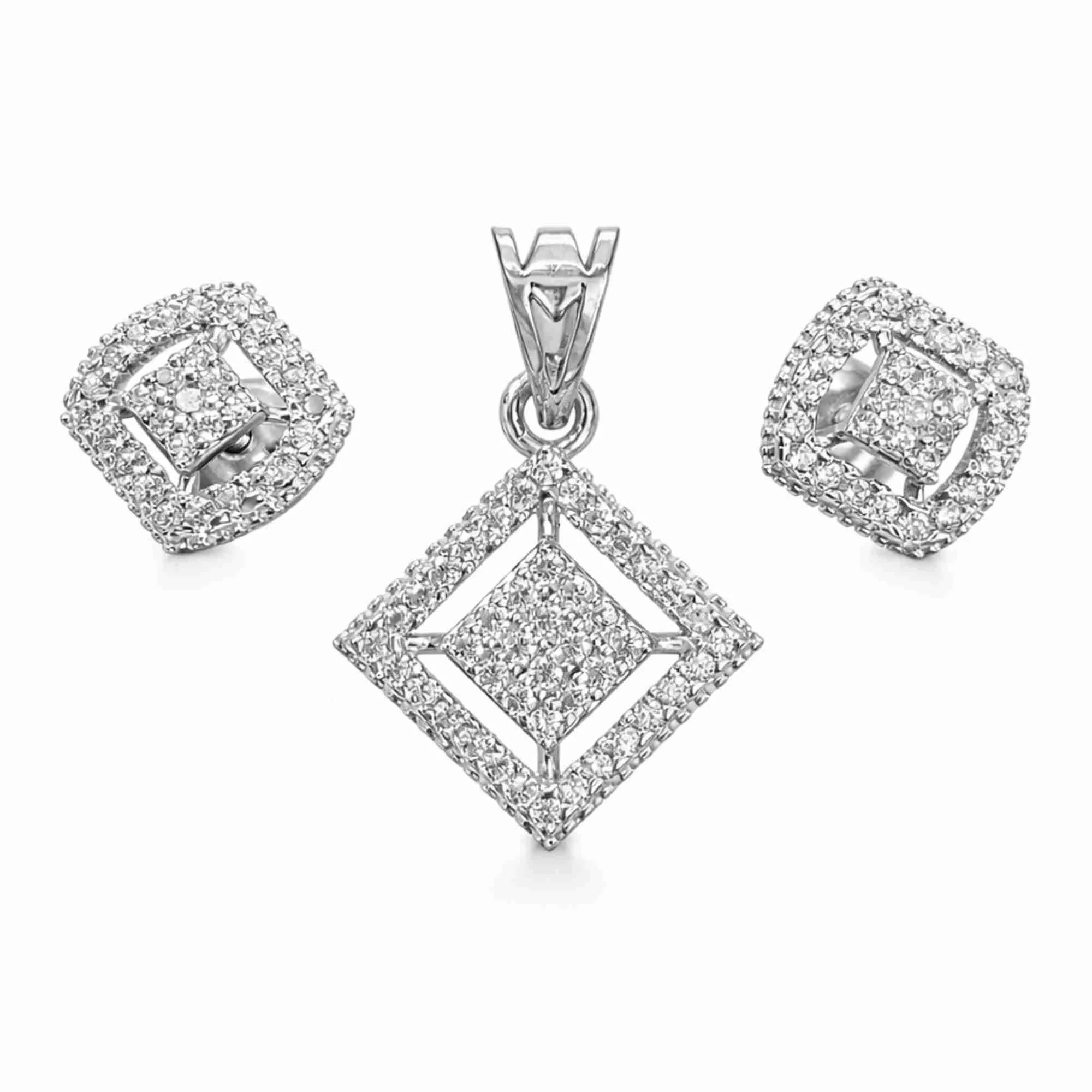 Silver Royal Spark Square Pendant Earrings Set