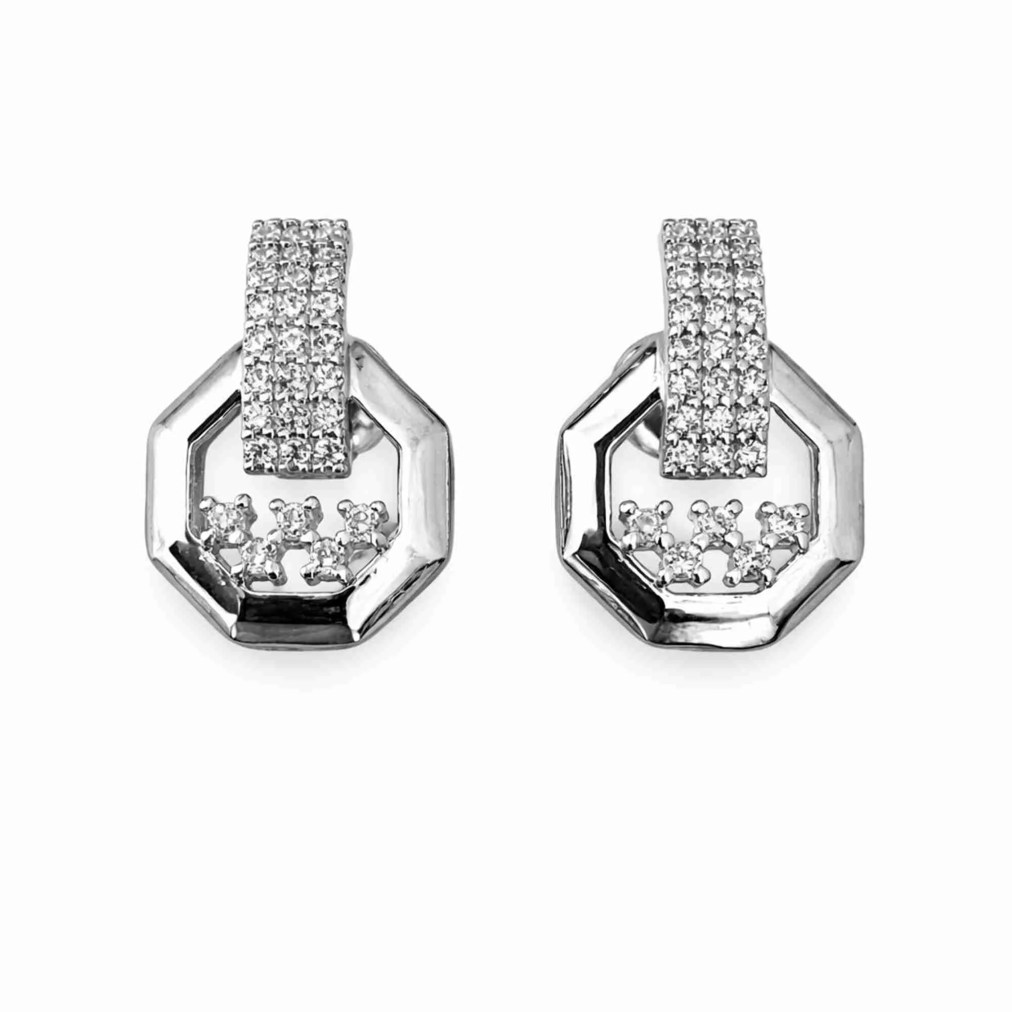 Silver Crystal Edge Octagon Earrings