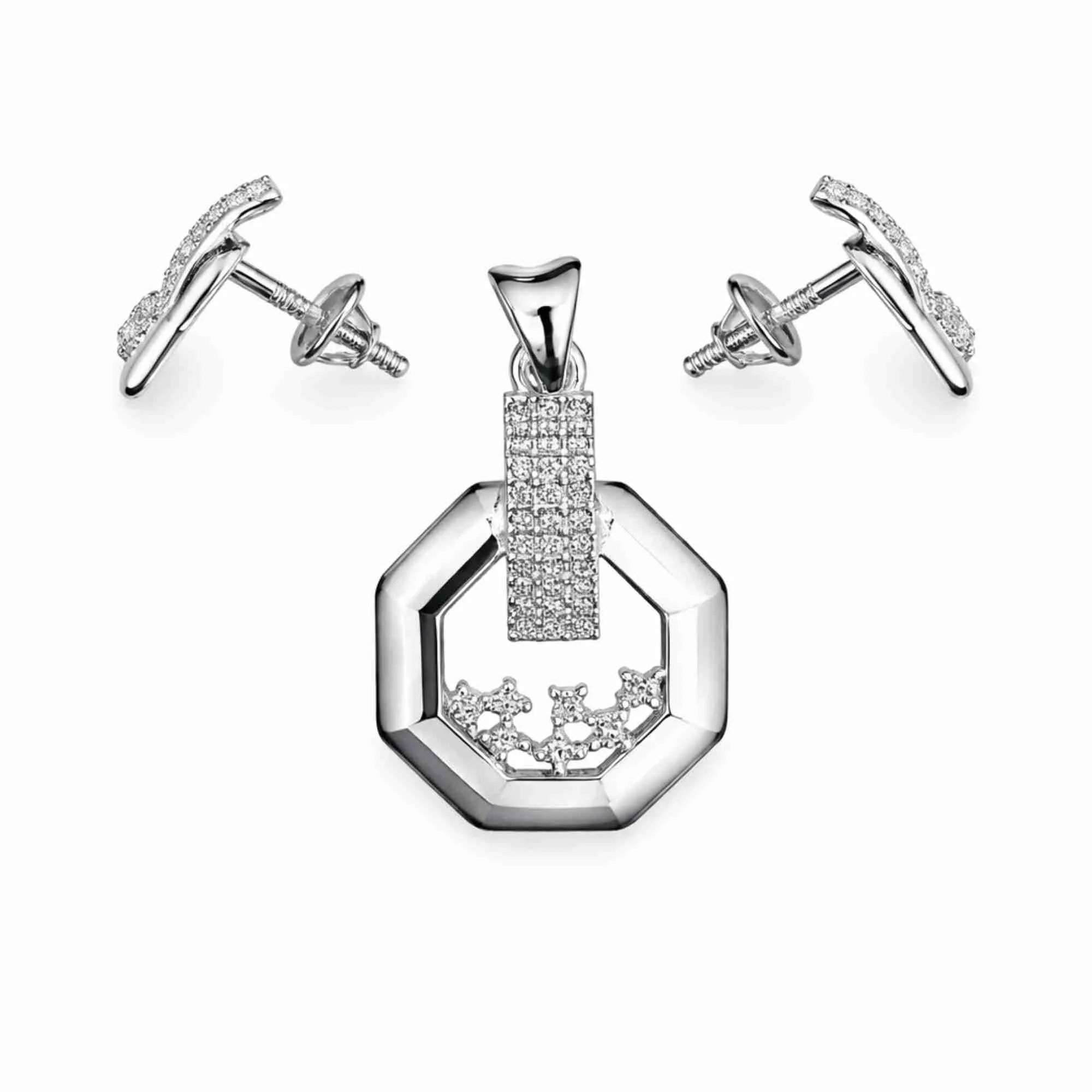 Silver Crystal Edge Octagon Pendant Earrings Set - Image 3