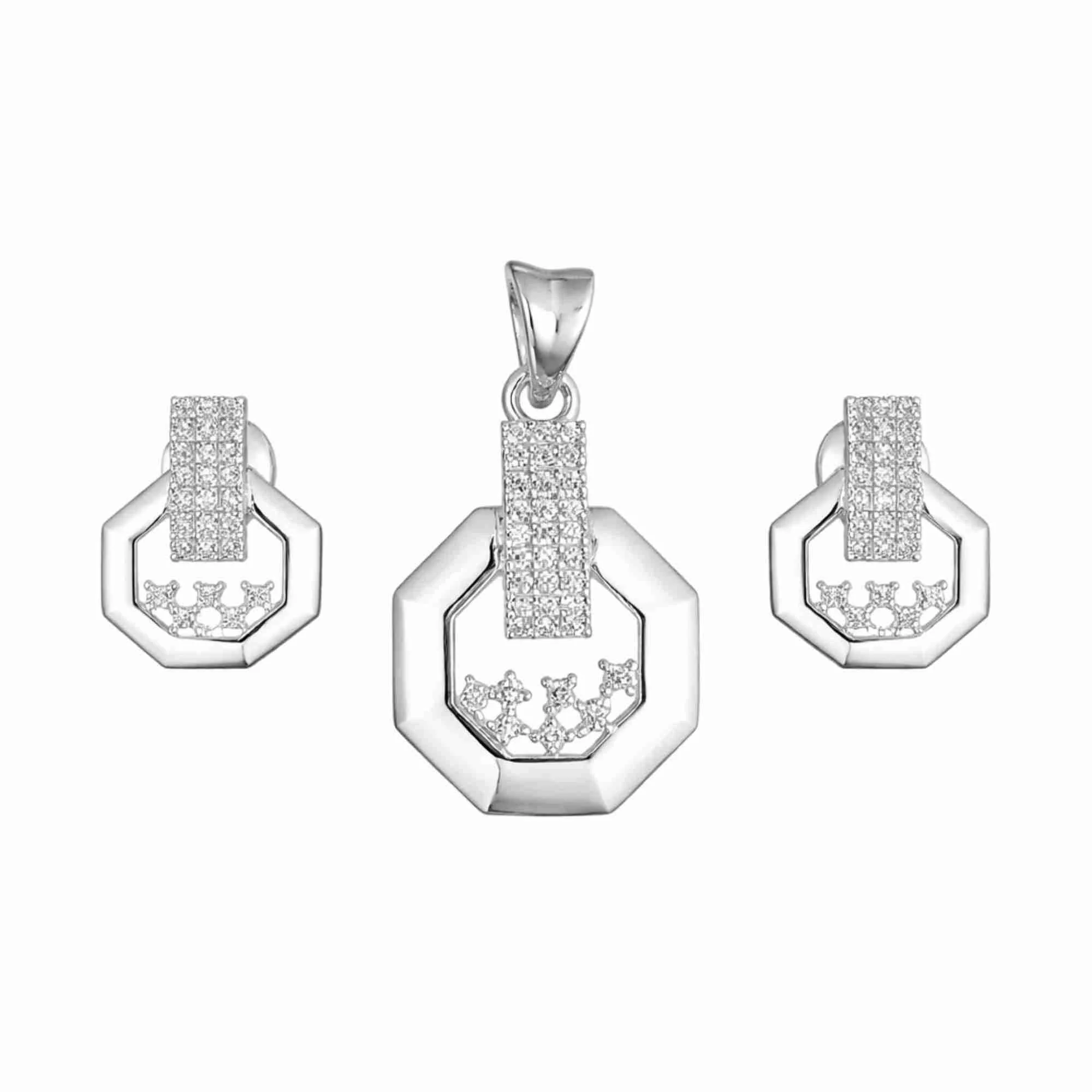 Silver Crystal Edge Octagon Pendant Earrings Set