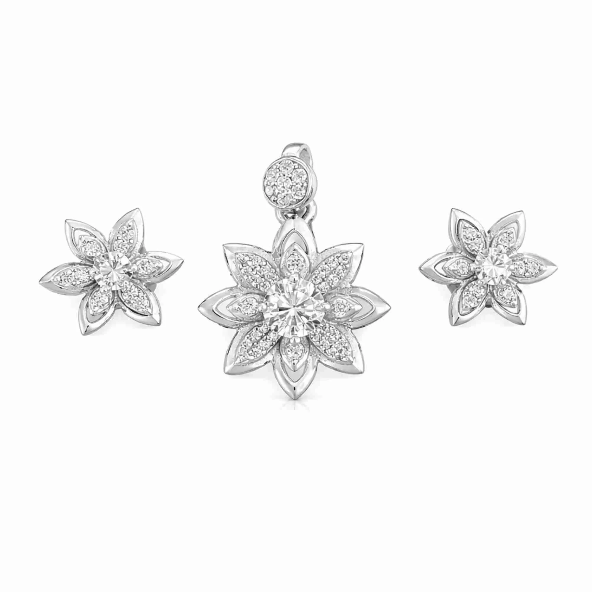 Silver Petal Shine Diamond Pendant Earrings Set