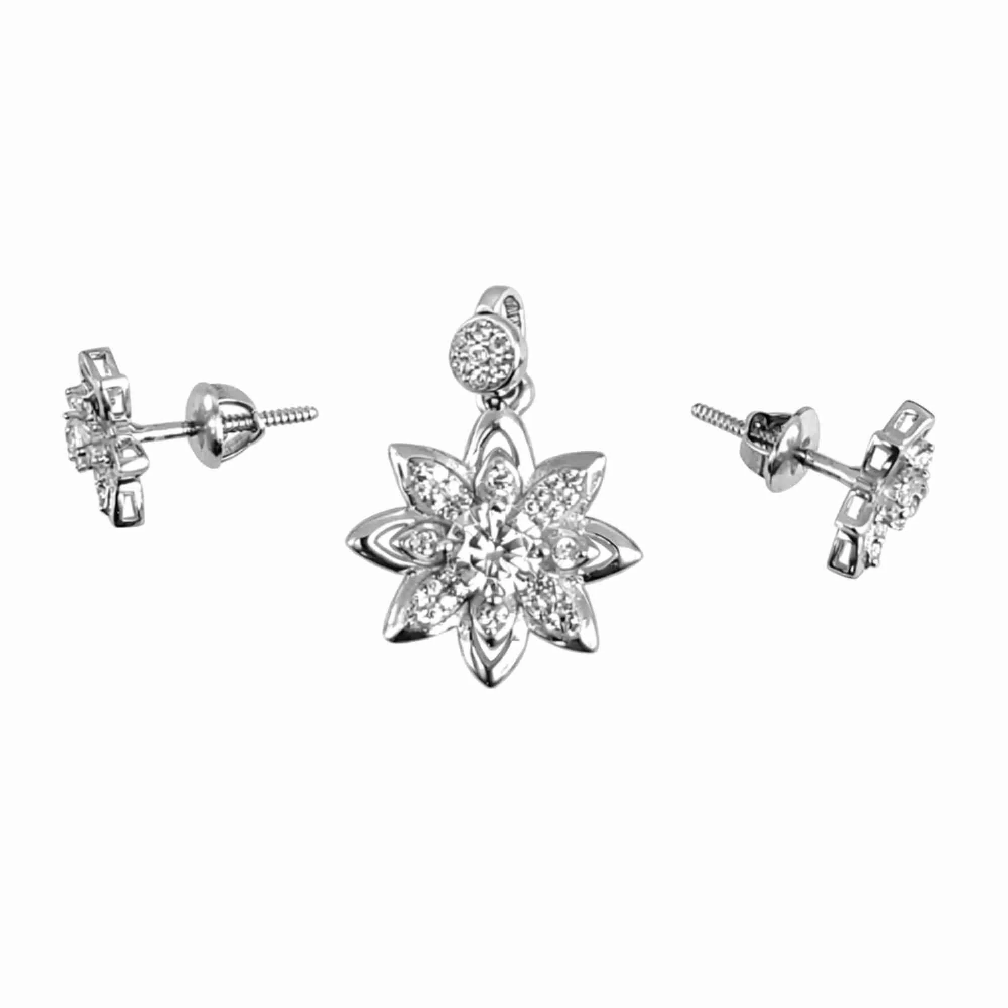 Silver Petal Shine Diamond Pendant Earrings Set - Image 3