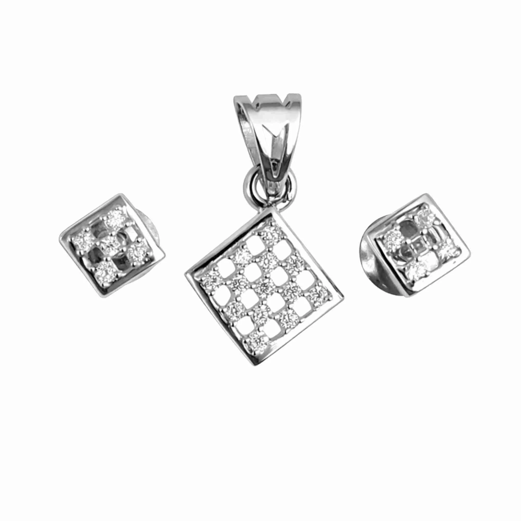 Silver Crystal Matrix Square Pendant Earrings Set