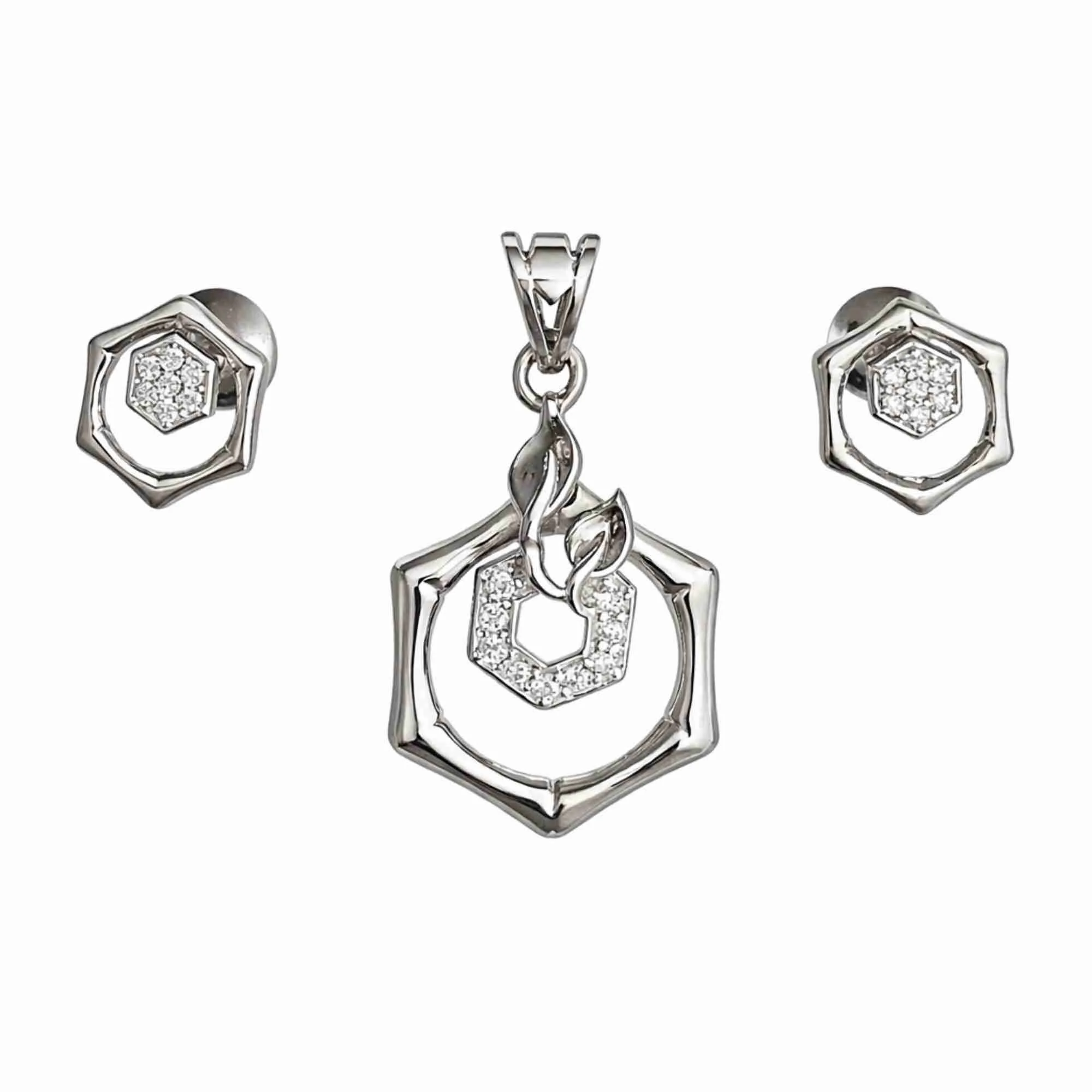 Silver Hexa Charm Pendant Earrings Set