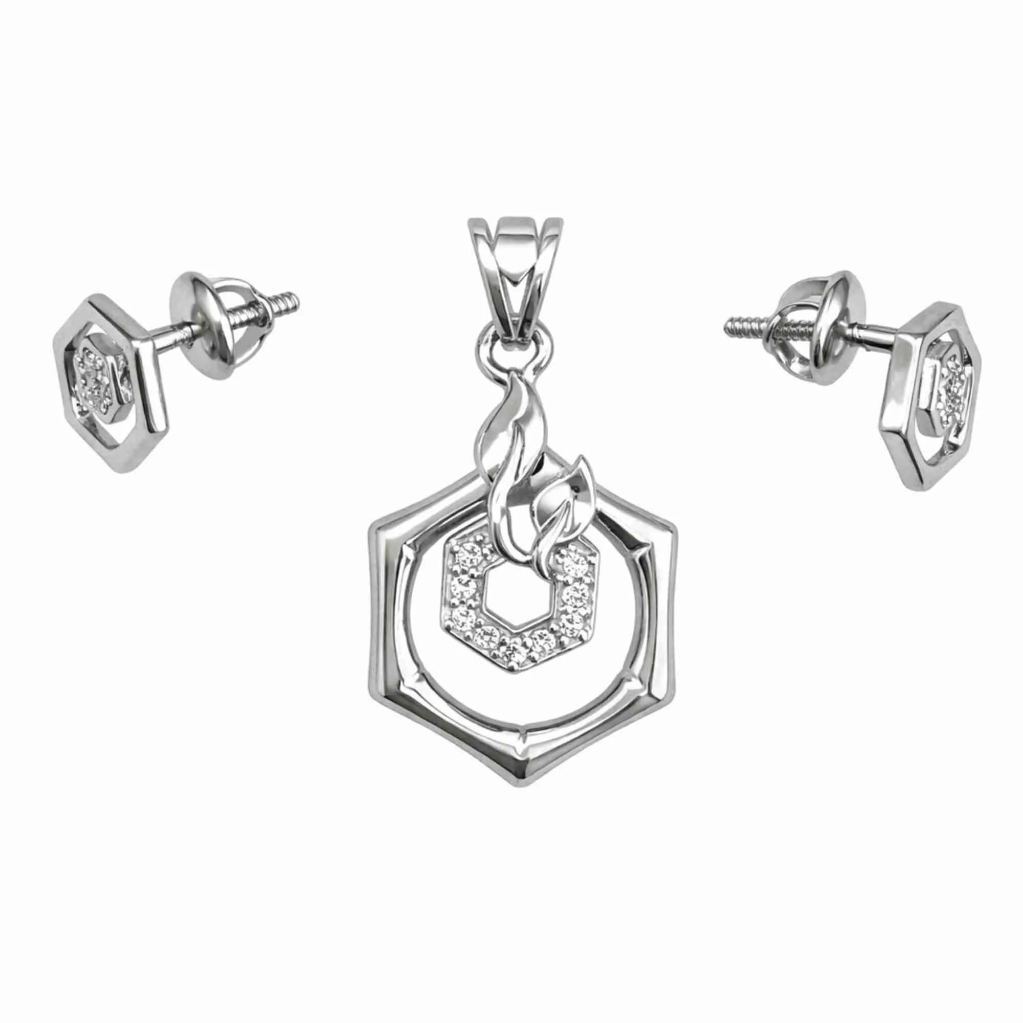 Silver Hexa Charm Pendant Earrings Set - Image 3