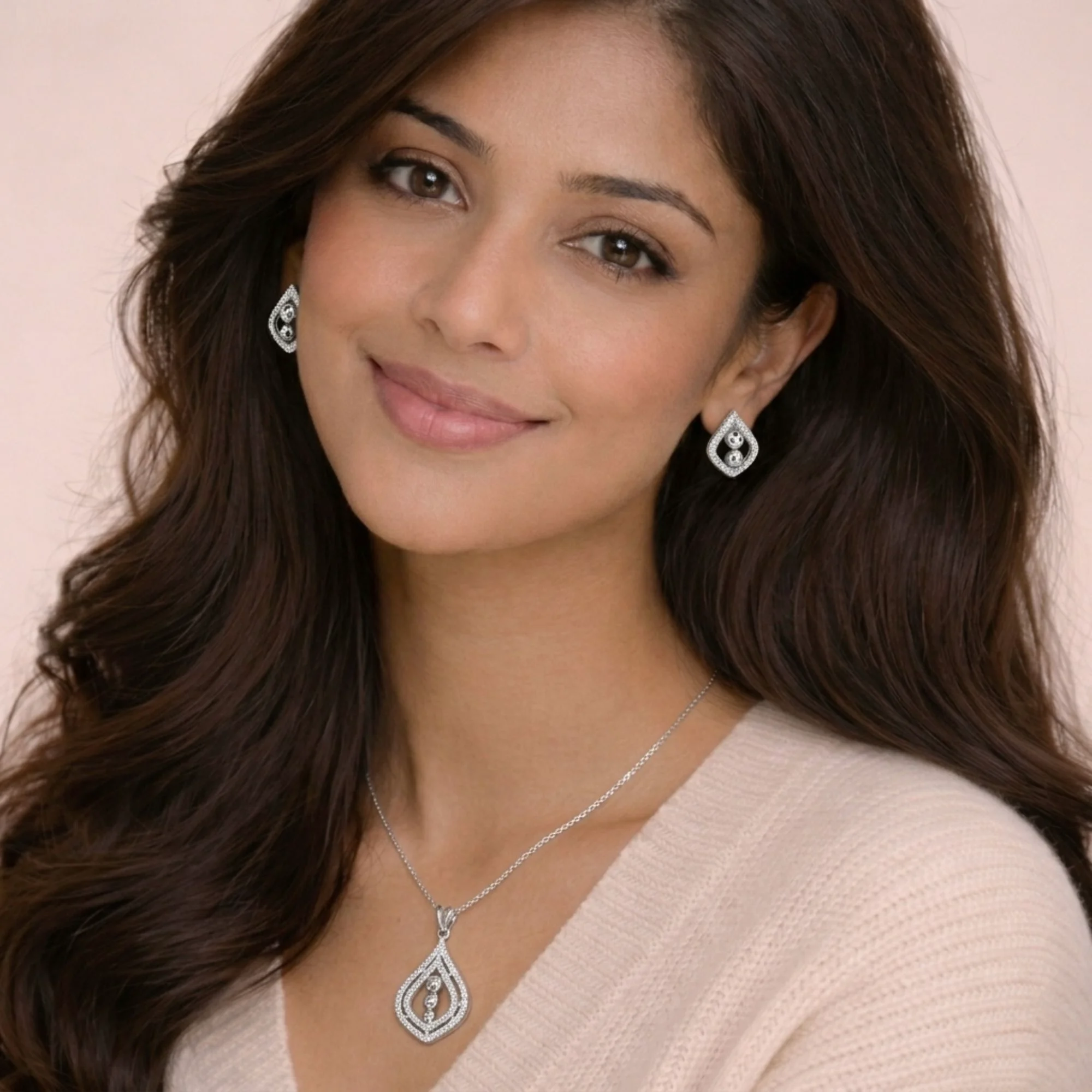 Silver Trinity Drop Spark Pendant Earrings Set - 2