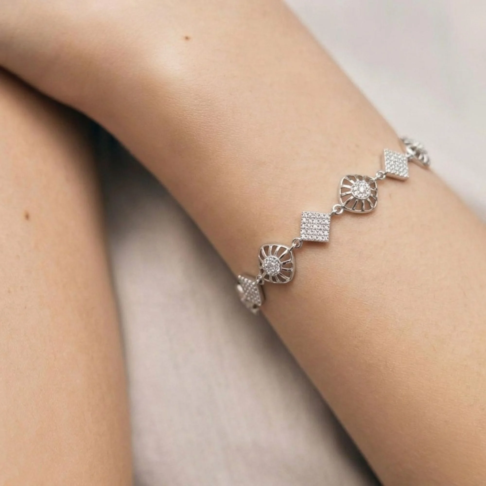 Silver Crystal Sunburst Link Bracelet - 2