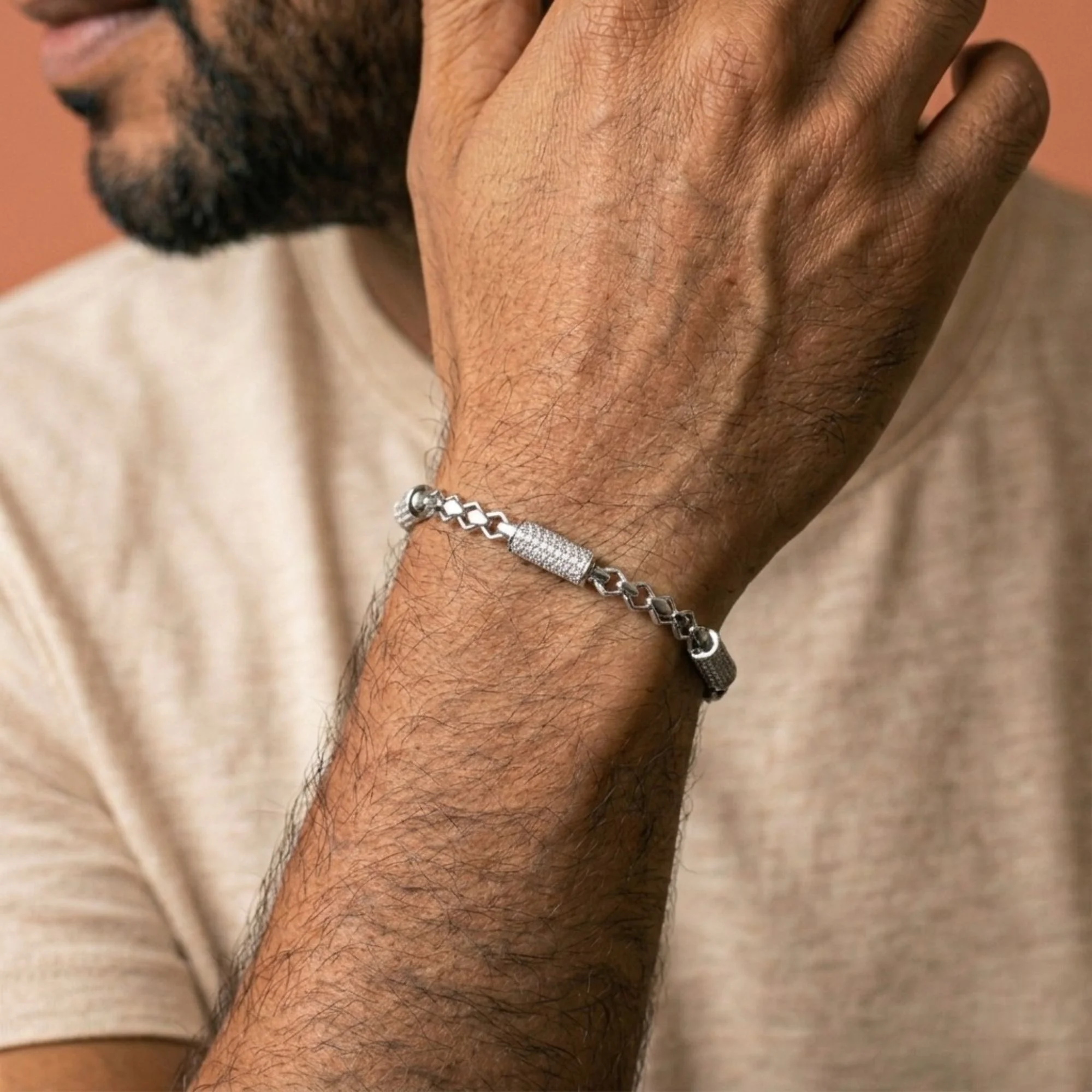 Silver Crystal Link Bracelet Men's Bracelet - Image 2