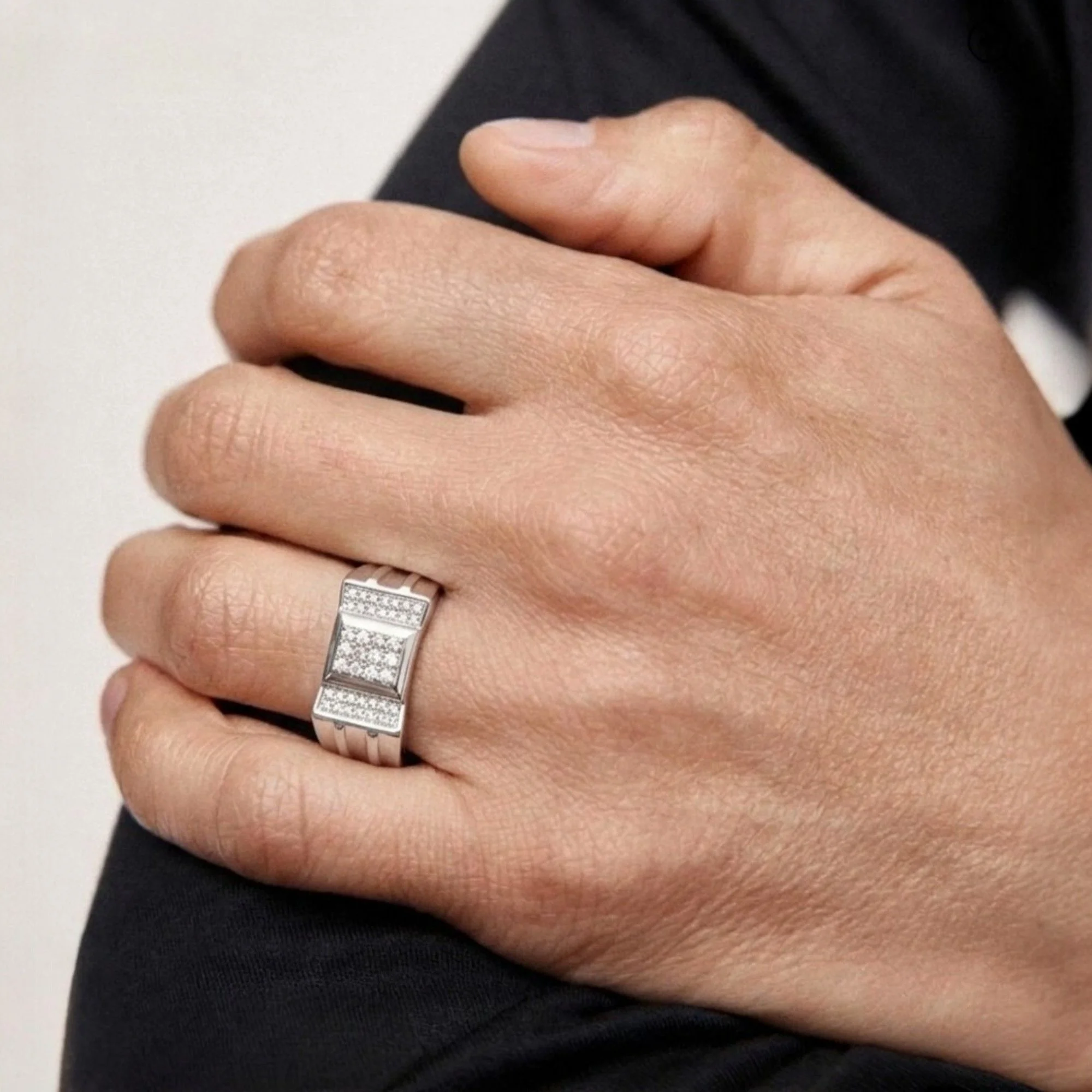 Silver Triple-Panel Pave Men's Ring - 2