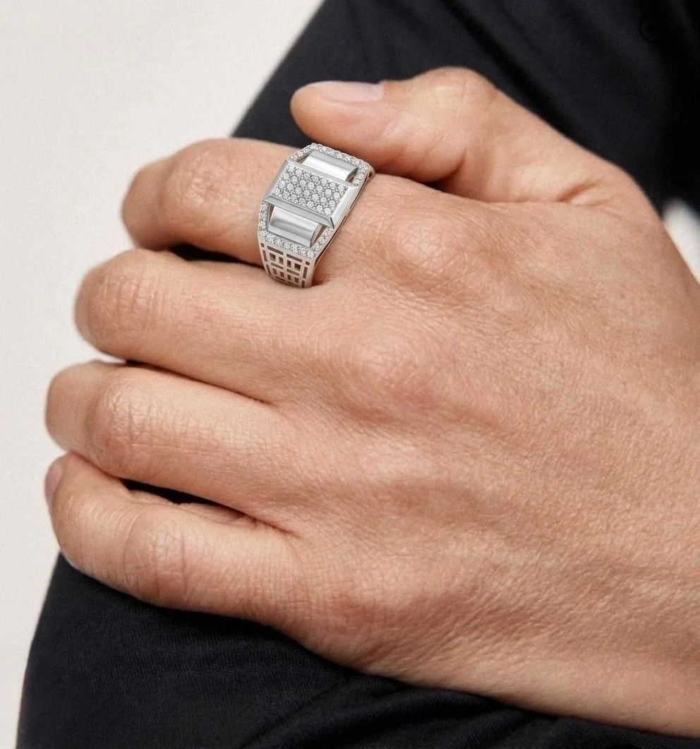 Silver Geometric Multi-Accent Men's Ring - 2