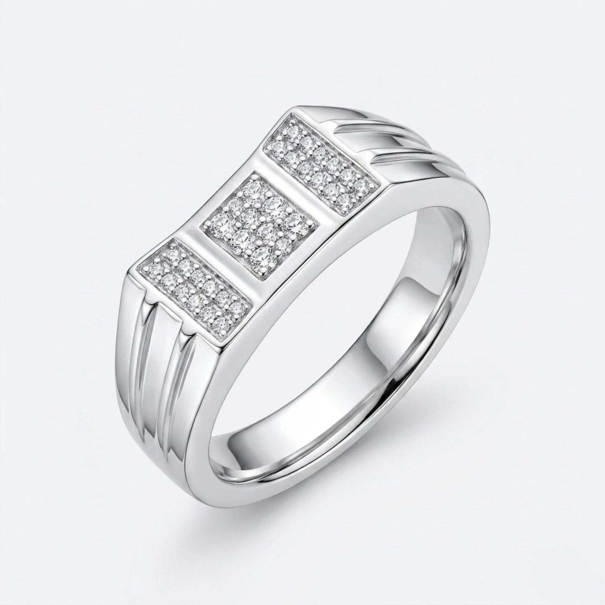 Silver Triple-Panel Pave Men's Ring