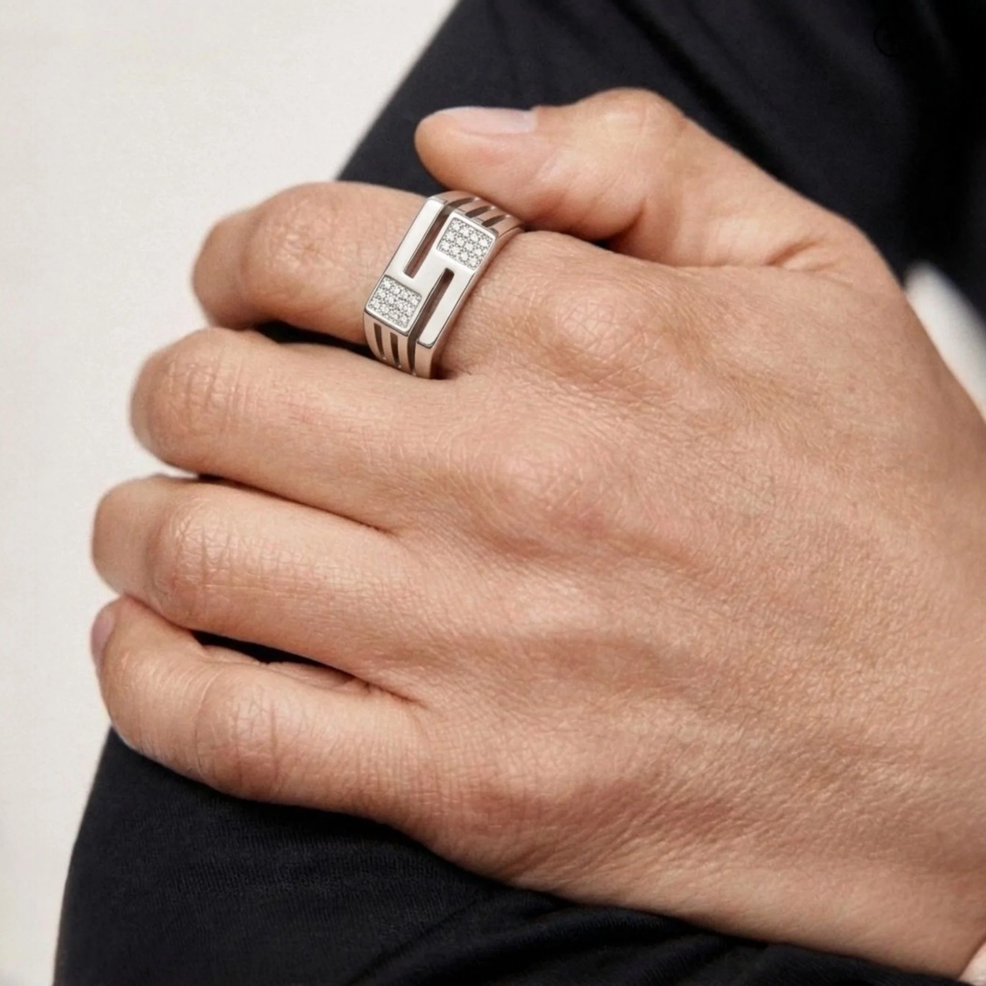 Silver Modern Dual-Block Men's Ring - 2