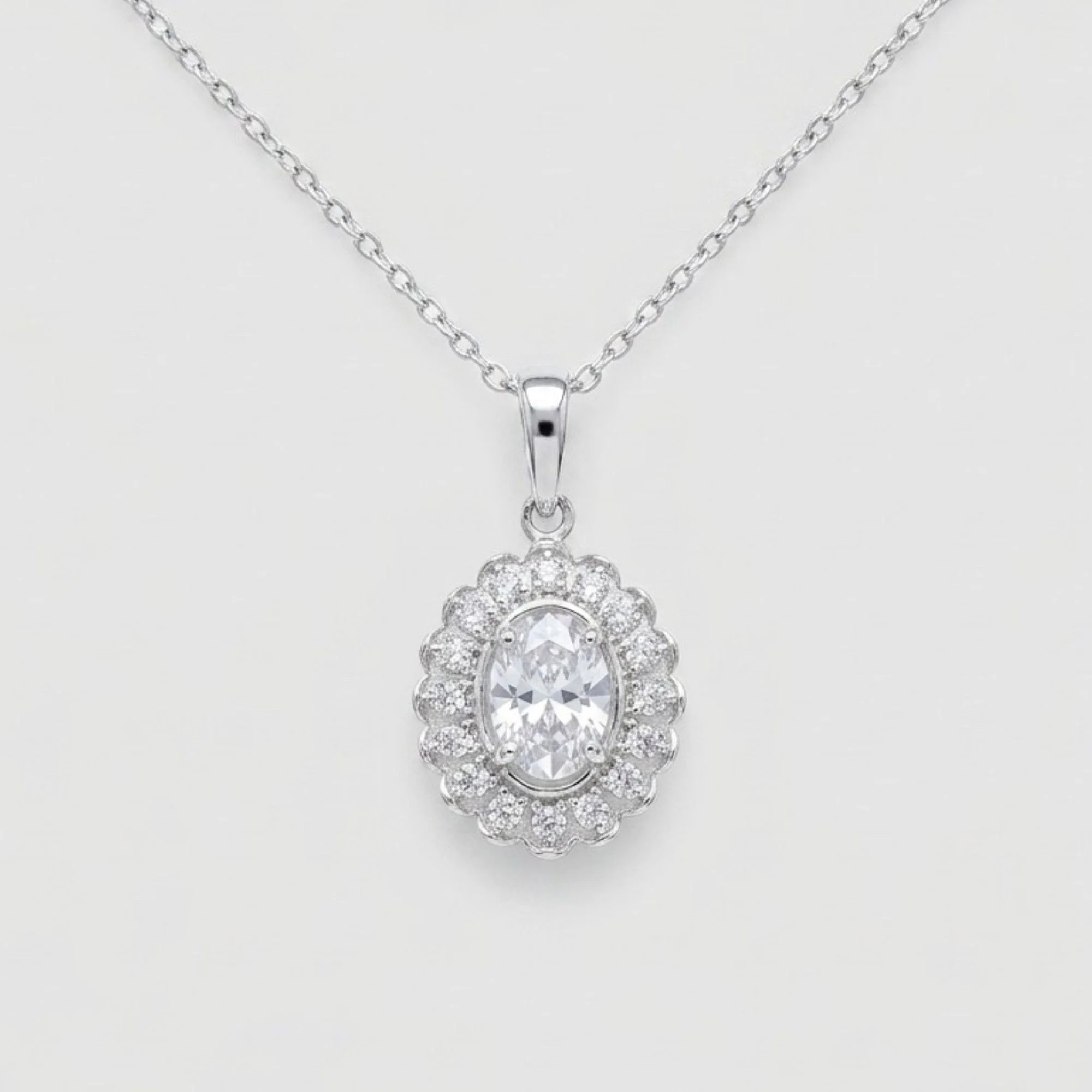 Silver Classic Oval Halo Chain & Pendant - Image 1
