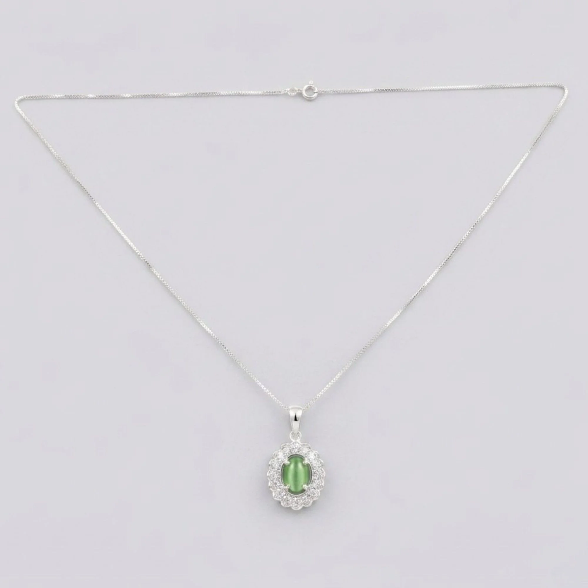 Silver Oval Green Halo Chain & Pendant - Image 4