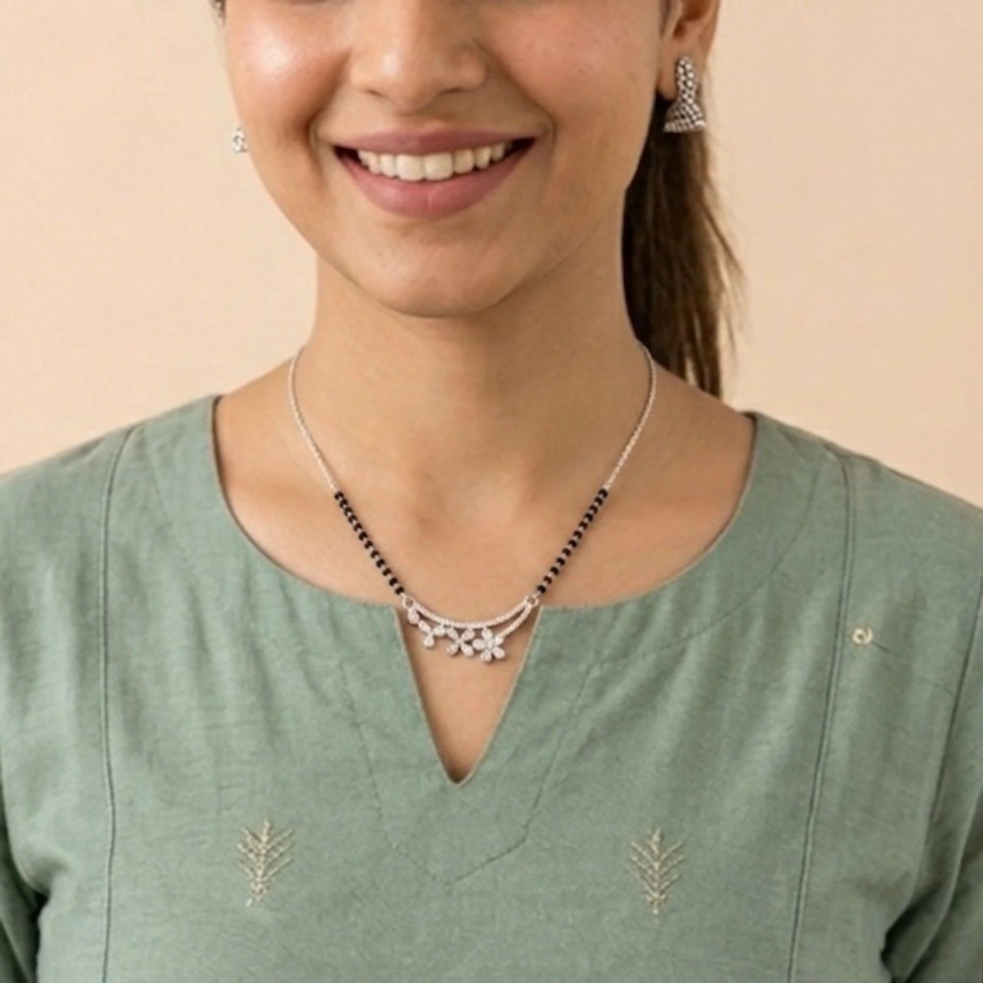 Silver Floral Spark Curve Mangalsutra - 2