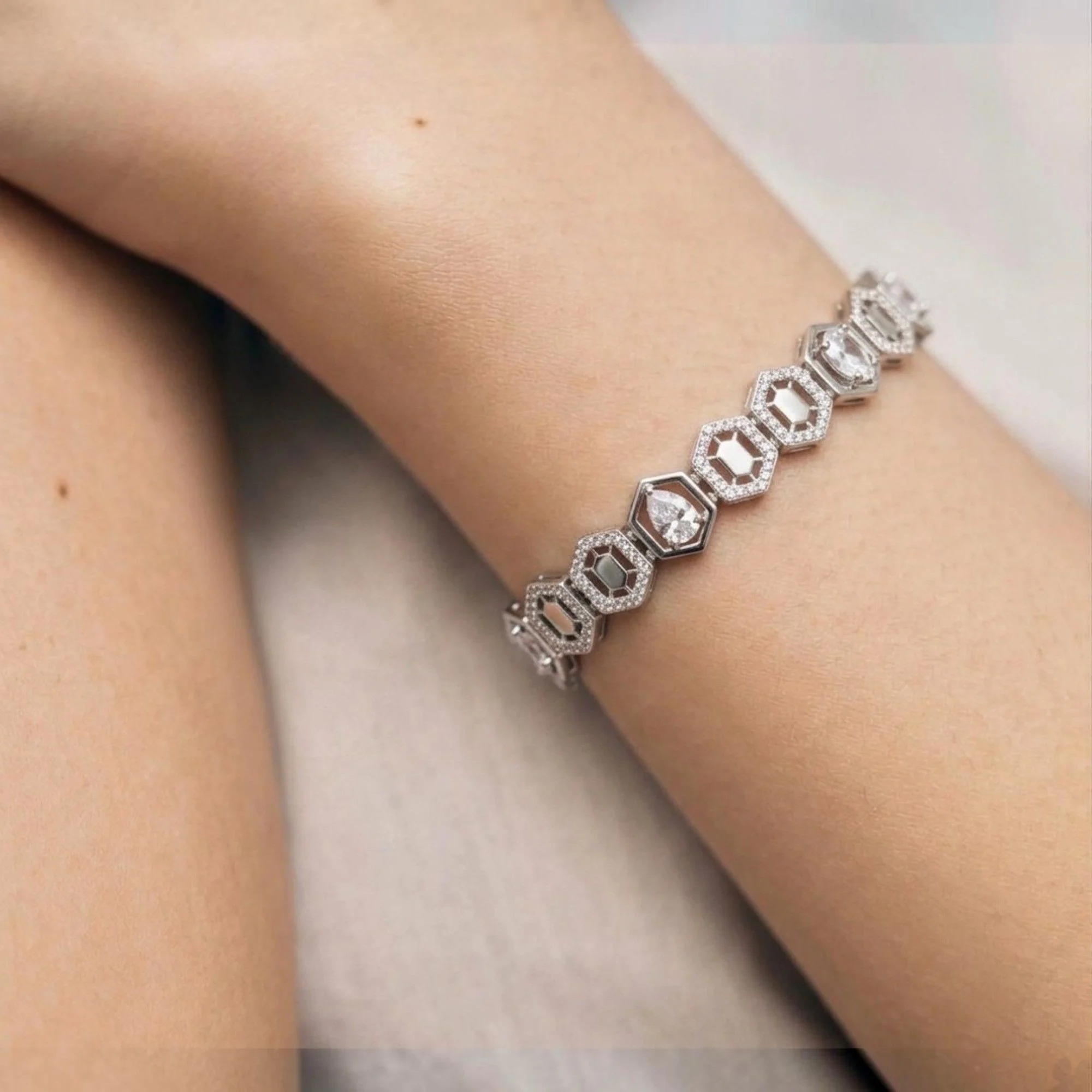 Silver Hexagon Crystal Link Bracelet - Image 2