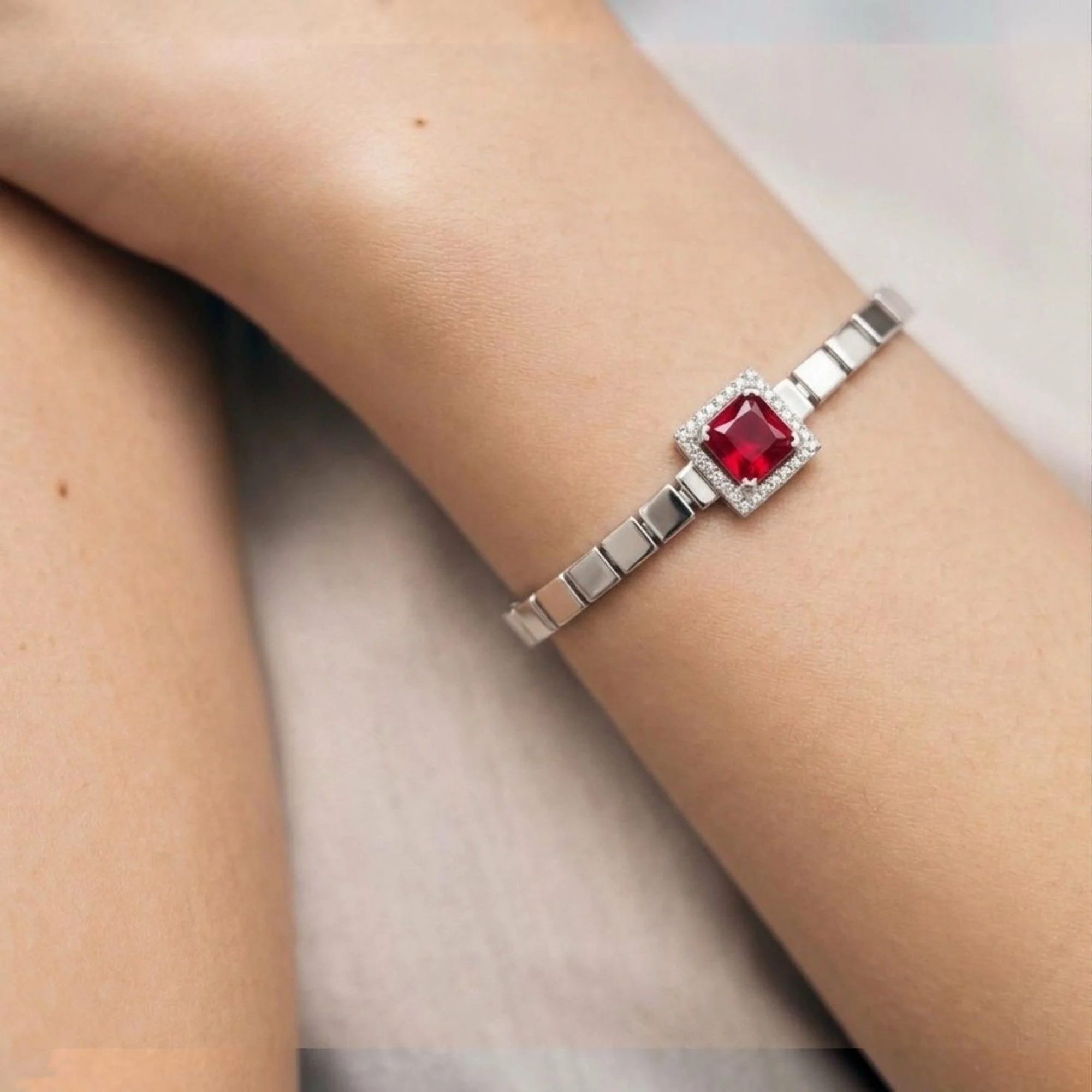 Silver Ruby Square Halo Bracelet - Image 2