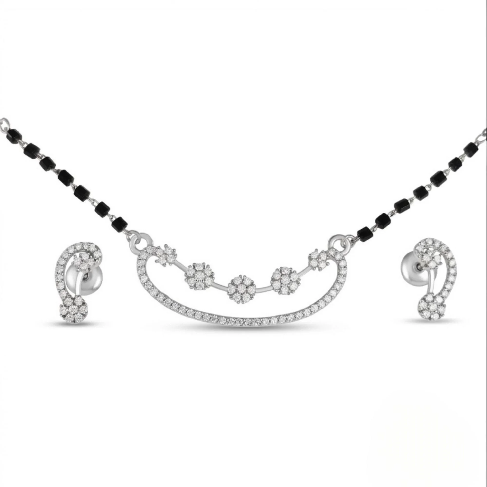 Silver Gleaming Crystal Bloom Mangalsutra Earrings Set