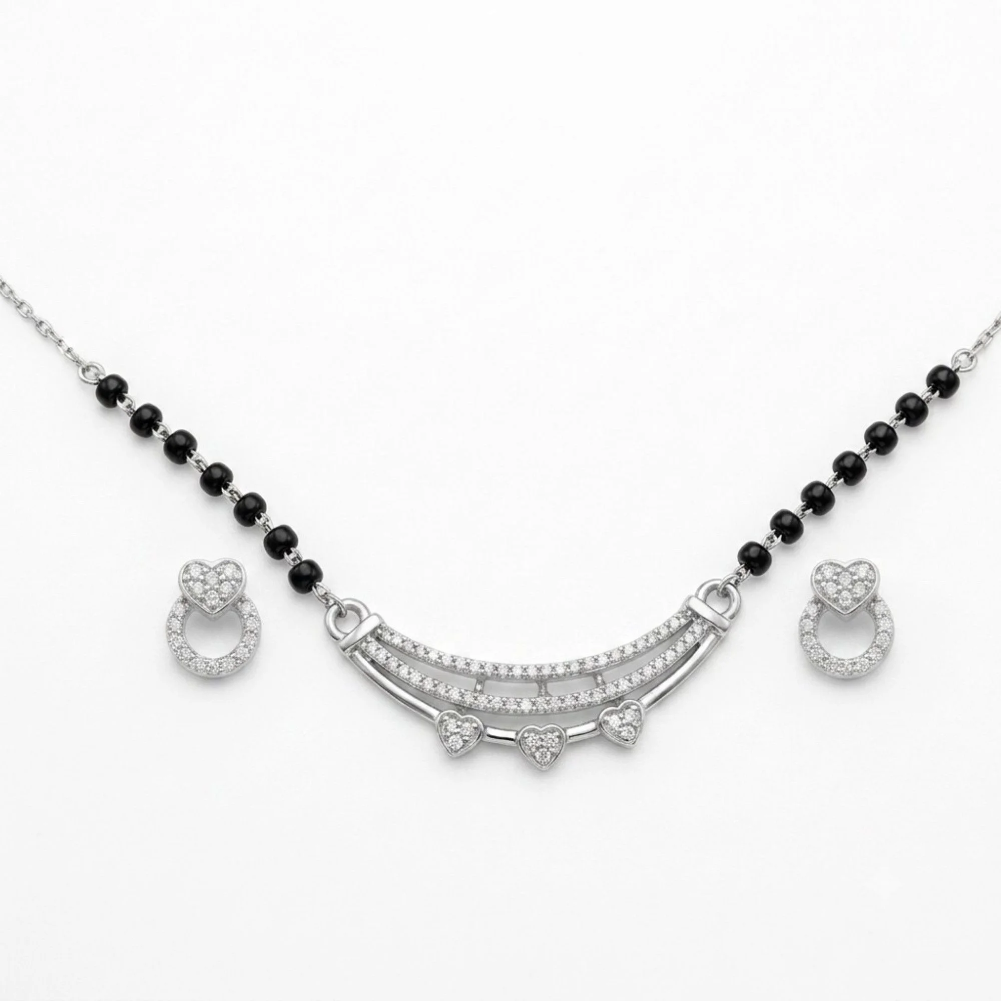 Silver Gleaming Love Motif Mangalsutra Earrings Set