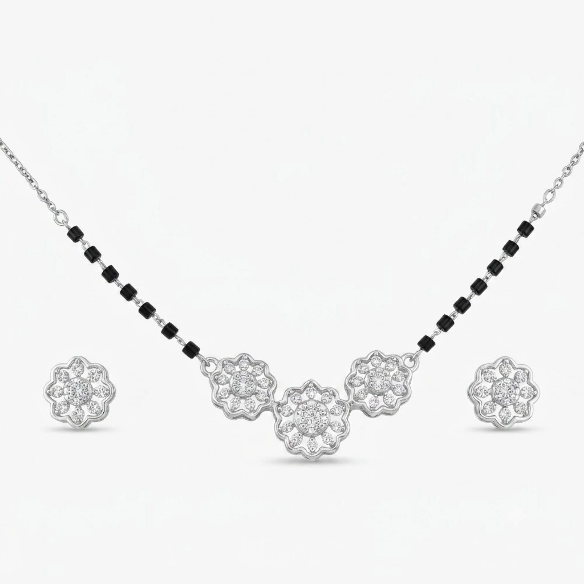 Silver Triple Blossom Charm Mangalsutra Earrings Set
