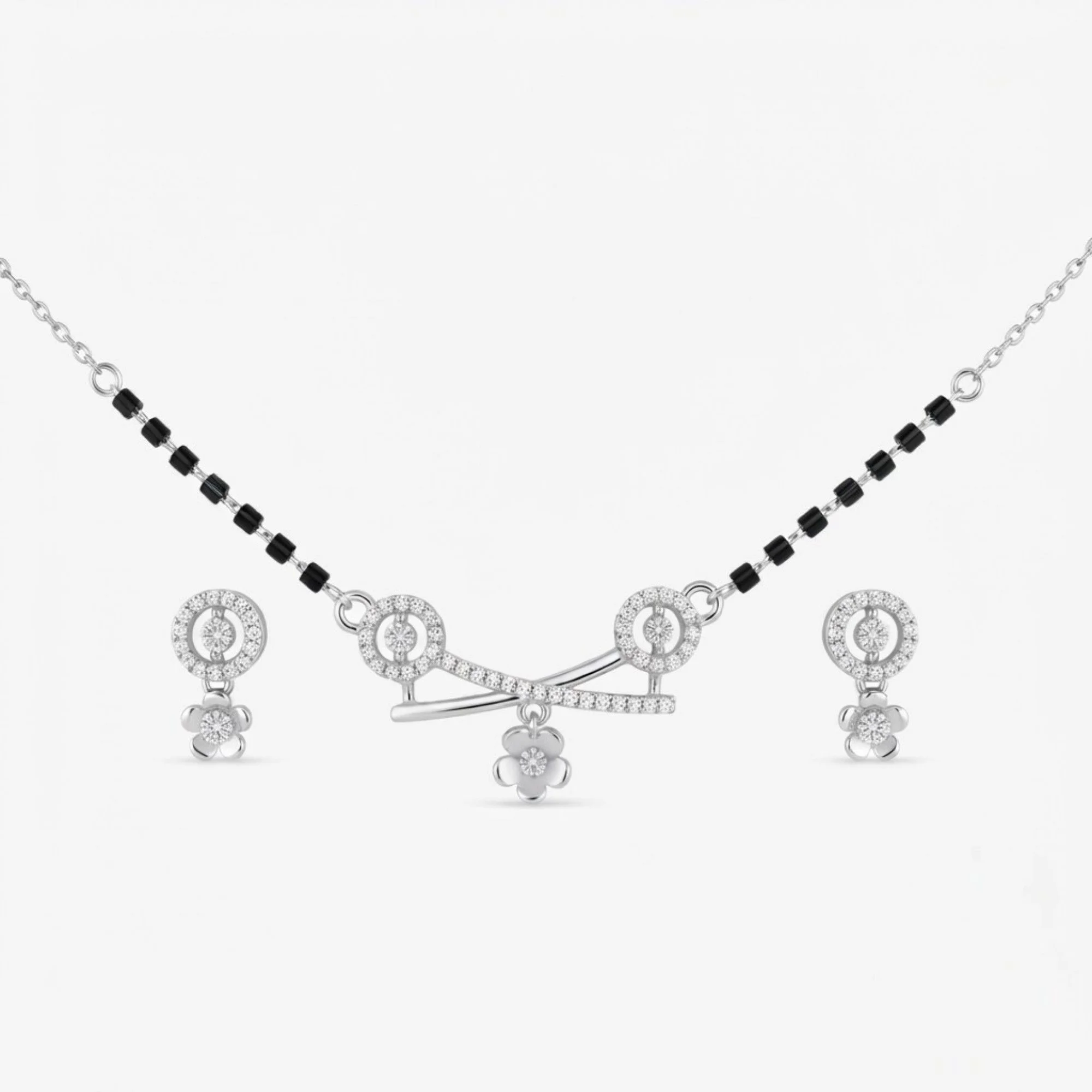 Silver Crossed Petal Charm Mangalsutra Earrings Set