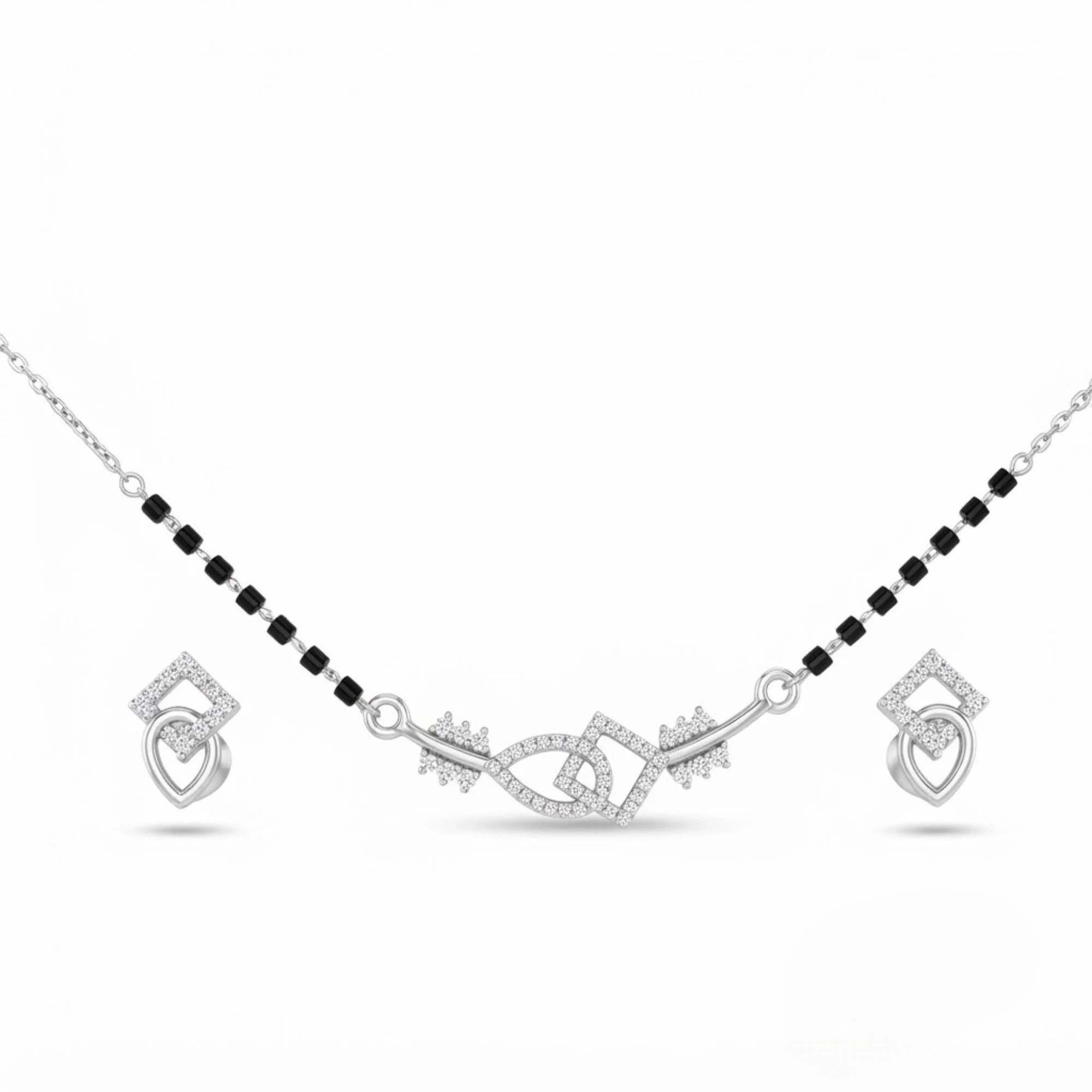 Silver Interlocked Diamond Motif Mangalsutra Earrings Set