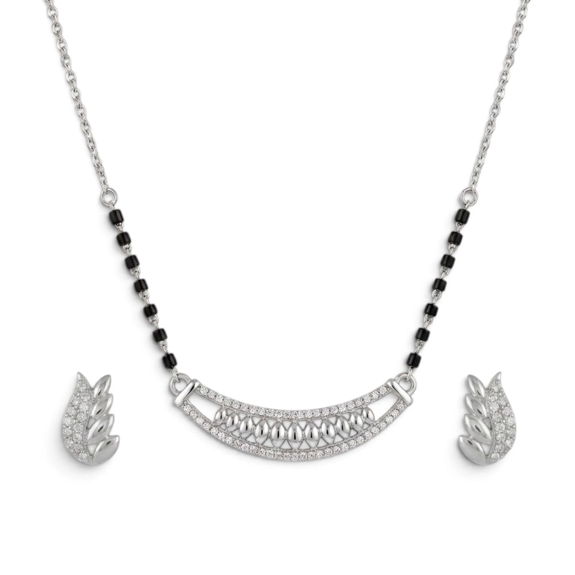 Silver Radiant Leaf Motif Mangalsutra Earrings Set