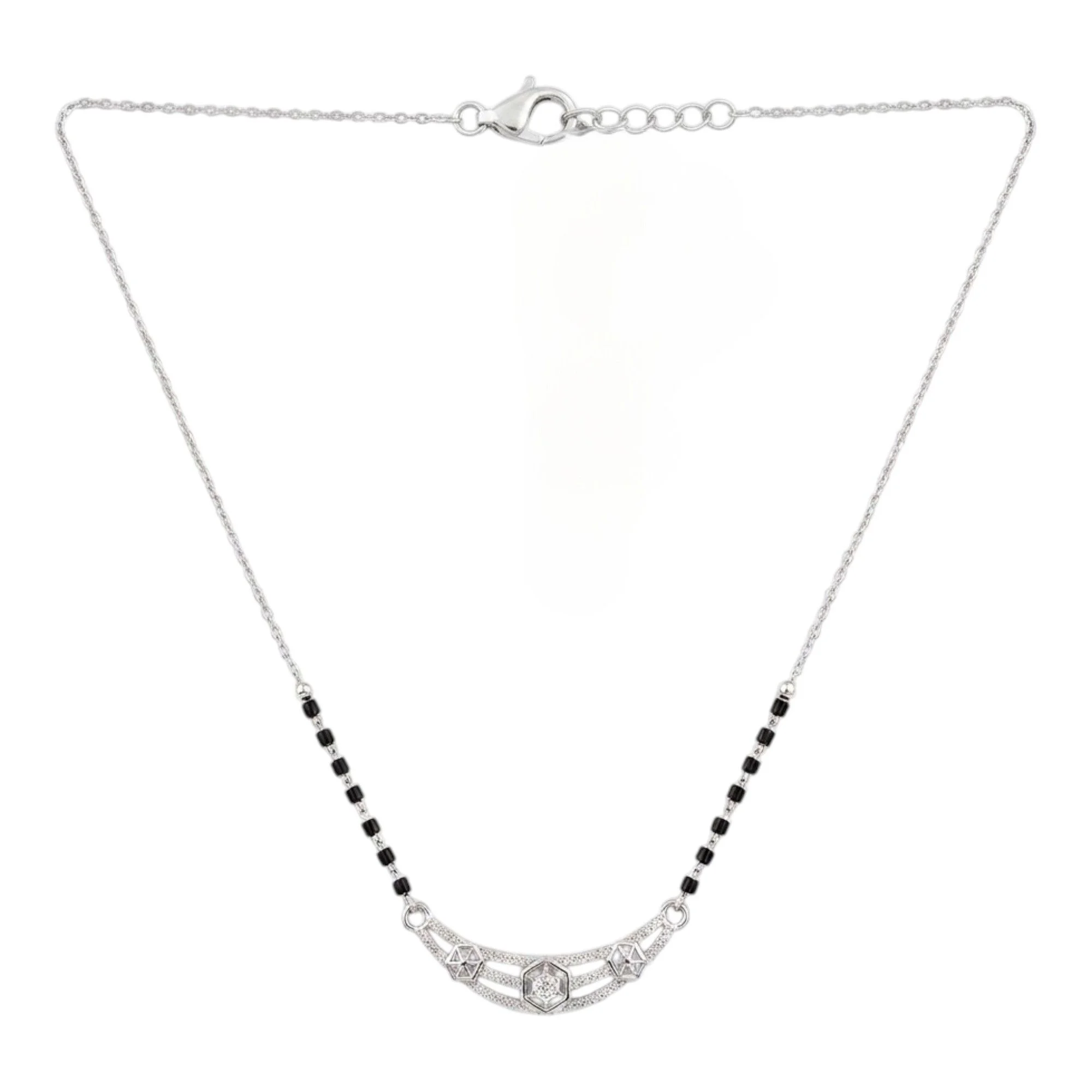 Silver Hexagonal Diamond Motif Mangalsutra Earrings Set - Image 3