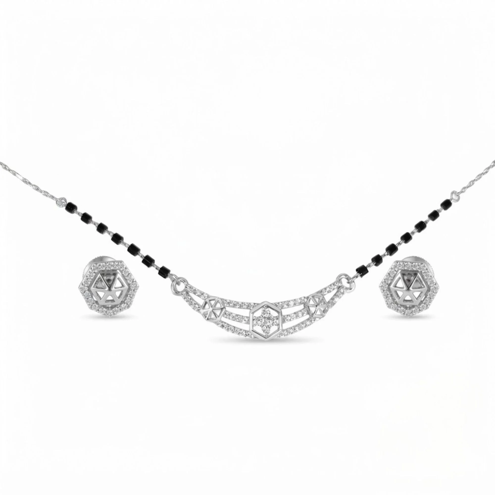 Silver Hexagonal Diamond Motif Mangalsutra Earrings Set