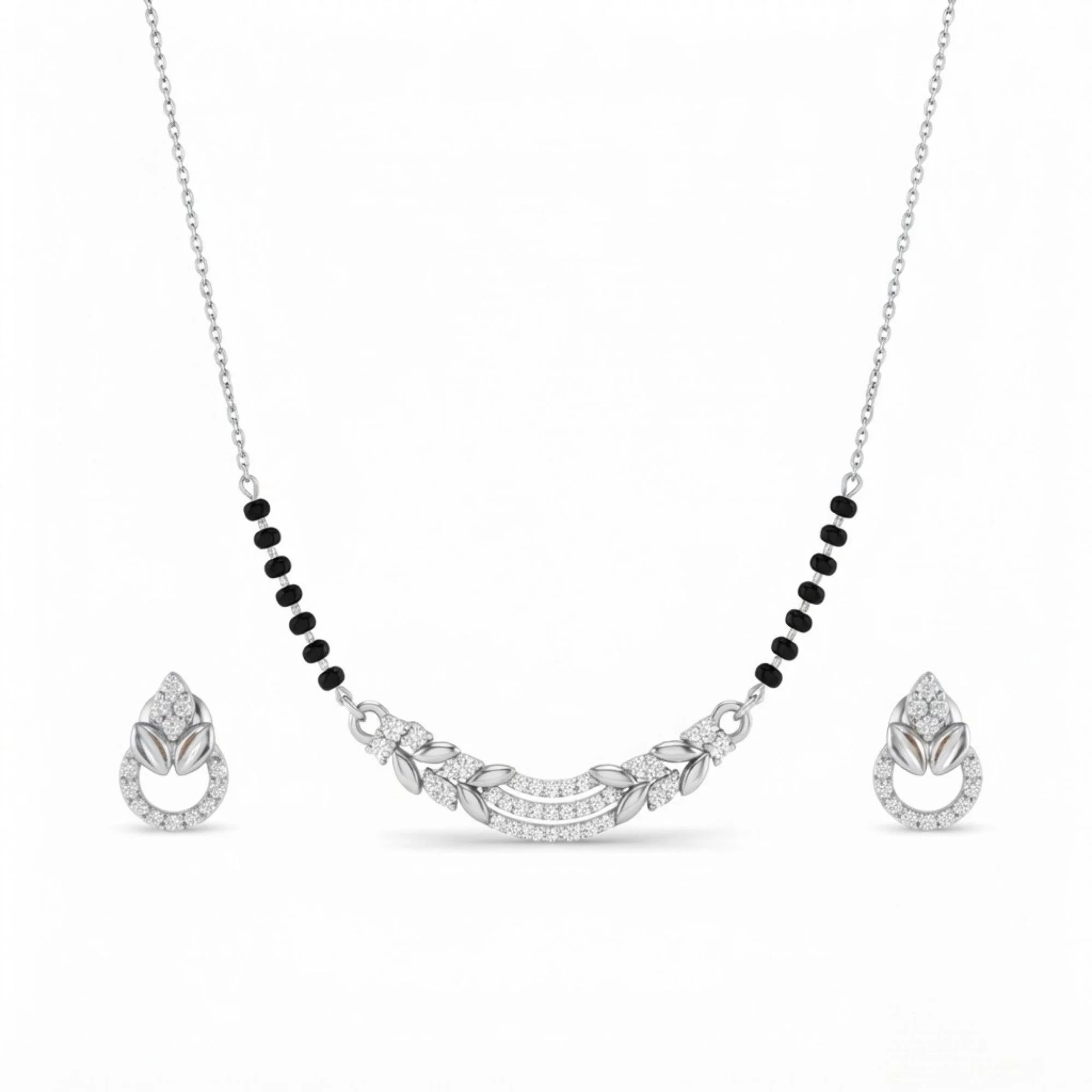 Silver Sparkling Nature Charm Mangalsutra Earrings Set