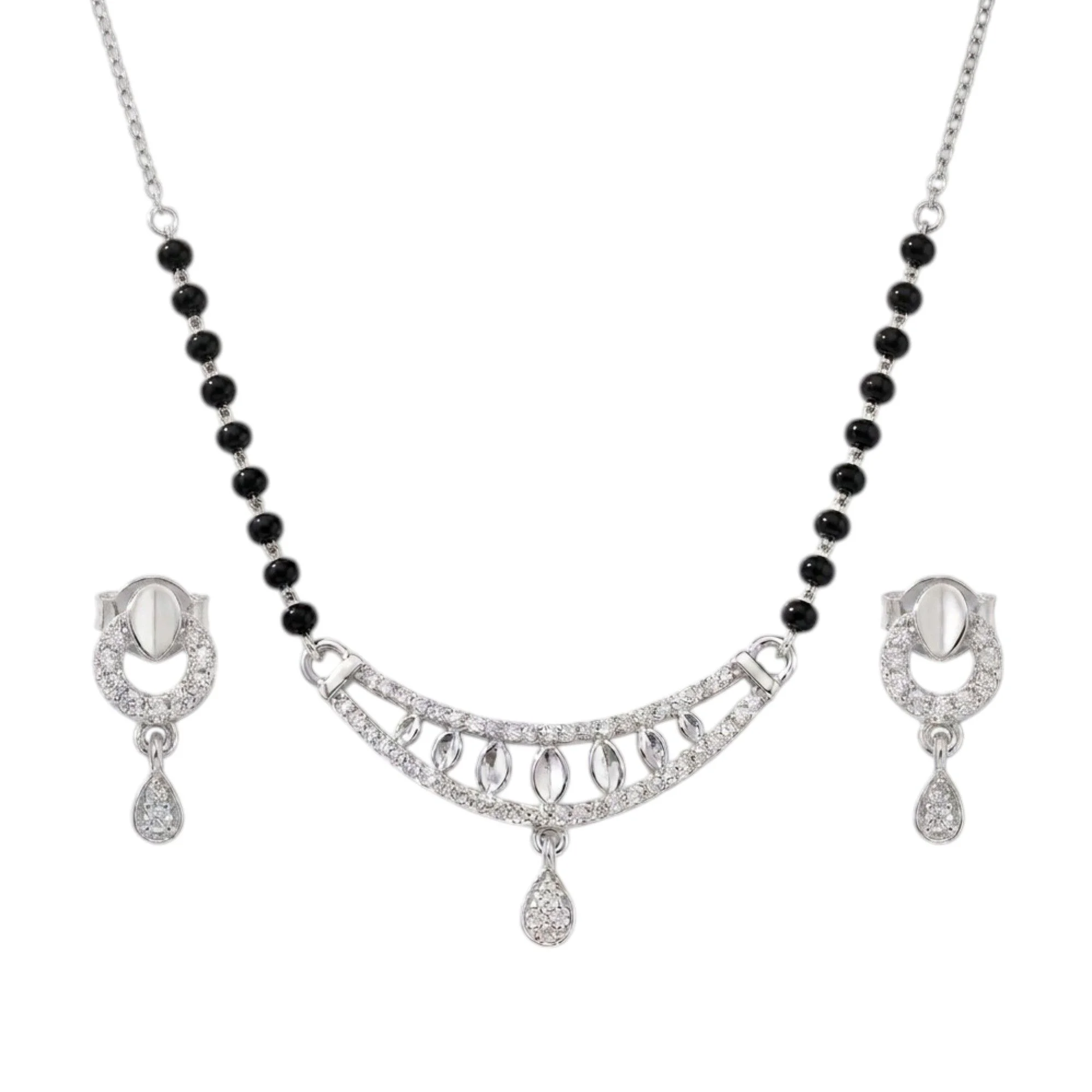 Silver Teardrop Charm Mangalsutra Earrings Set