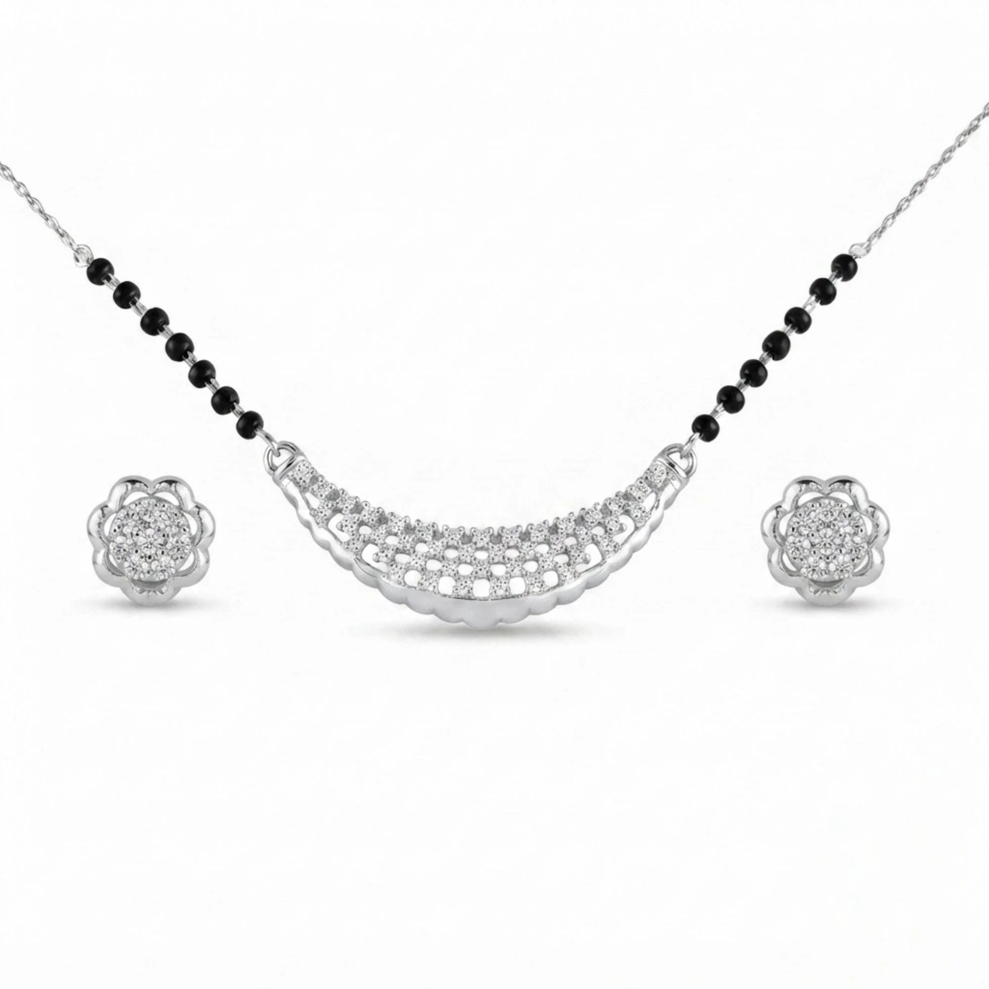 Silver Graceful Sparkle Set Mangalsutra Earrings Set