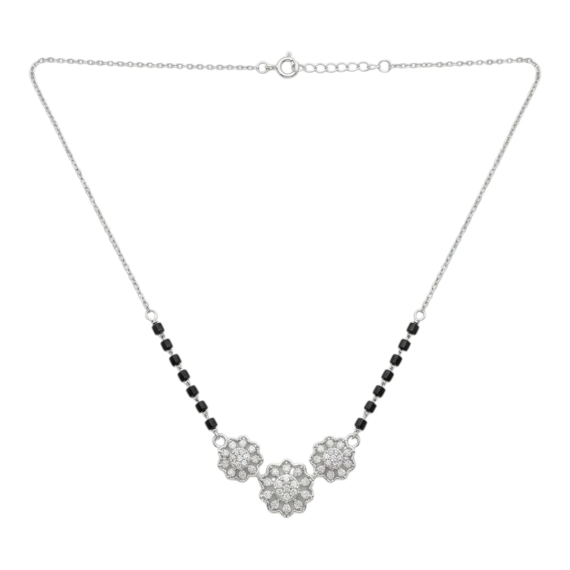 Silver Triple Blossom Charm Mangalsutra Earrings Set - Image 3