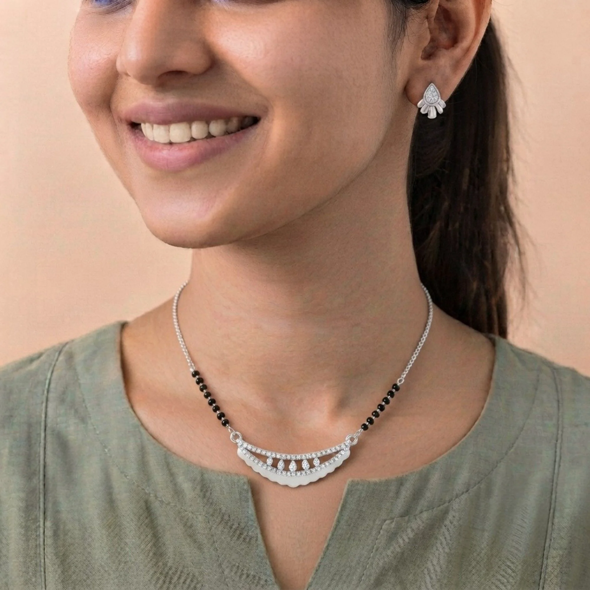 Silver Moonlit Grace Mangalsutra Earrings Set - 2