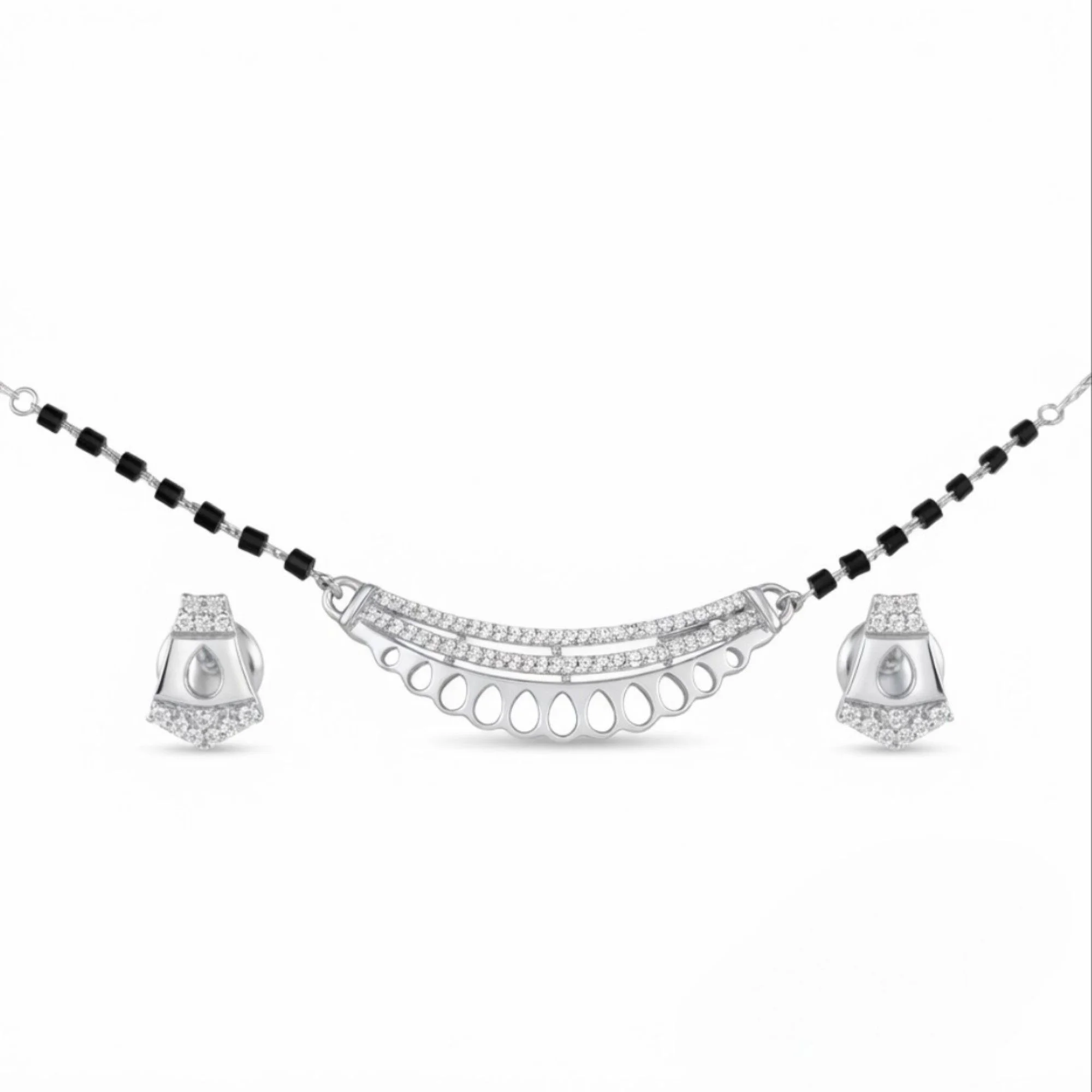 Silver Geometric Sparkle Set Mangalsutra Earrings Set