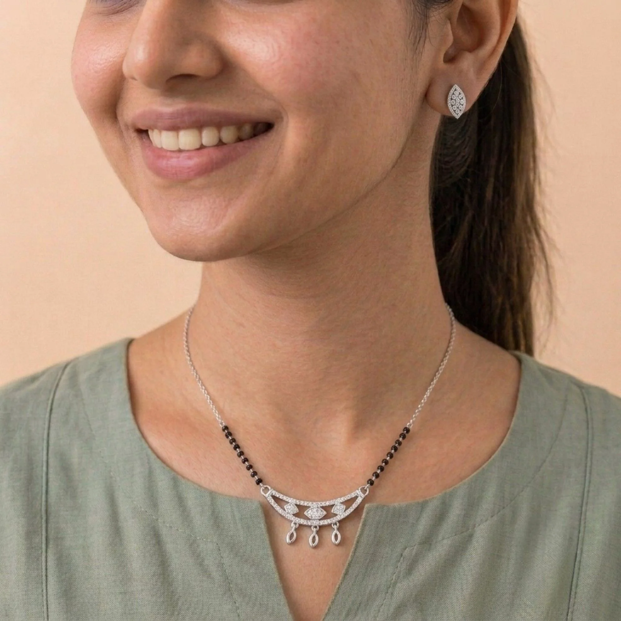 Silver Radiant Marquise Mangalsutra Earrings Set - 2