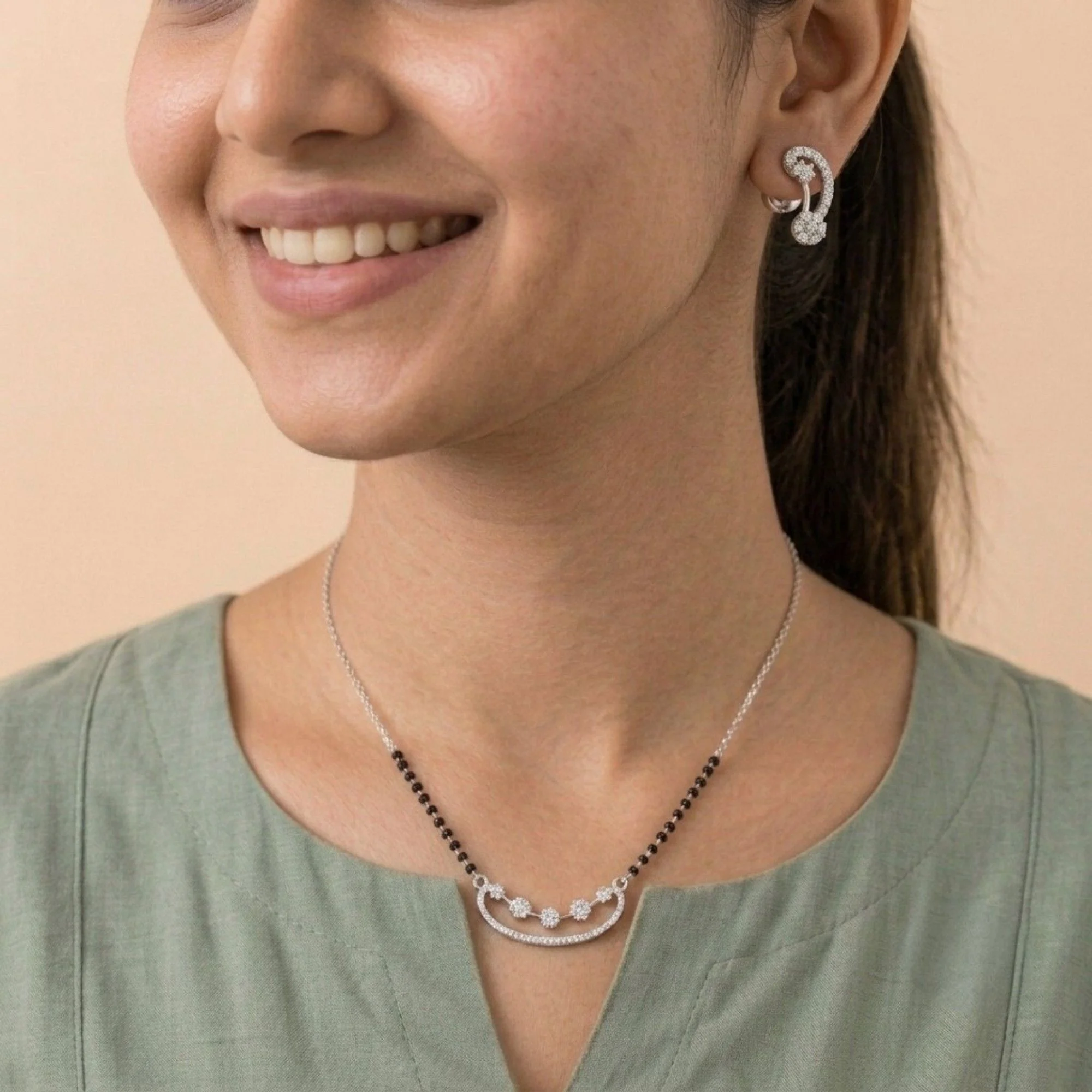 Silver Gleaming Crystal Bloom Mangalsutra Earrings Set - 2