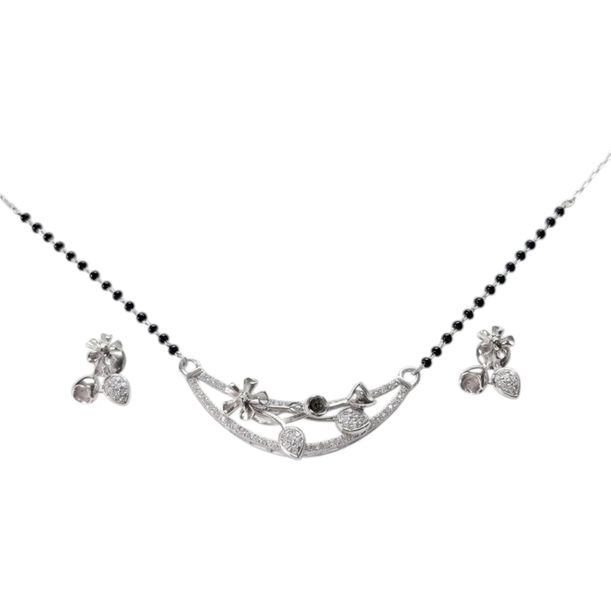 Silver Floral Crescent Suite Mangalsutra Earrings Set