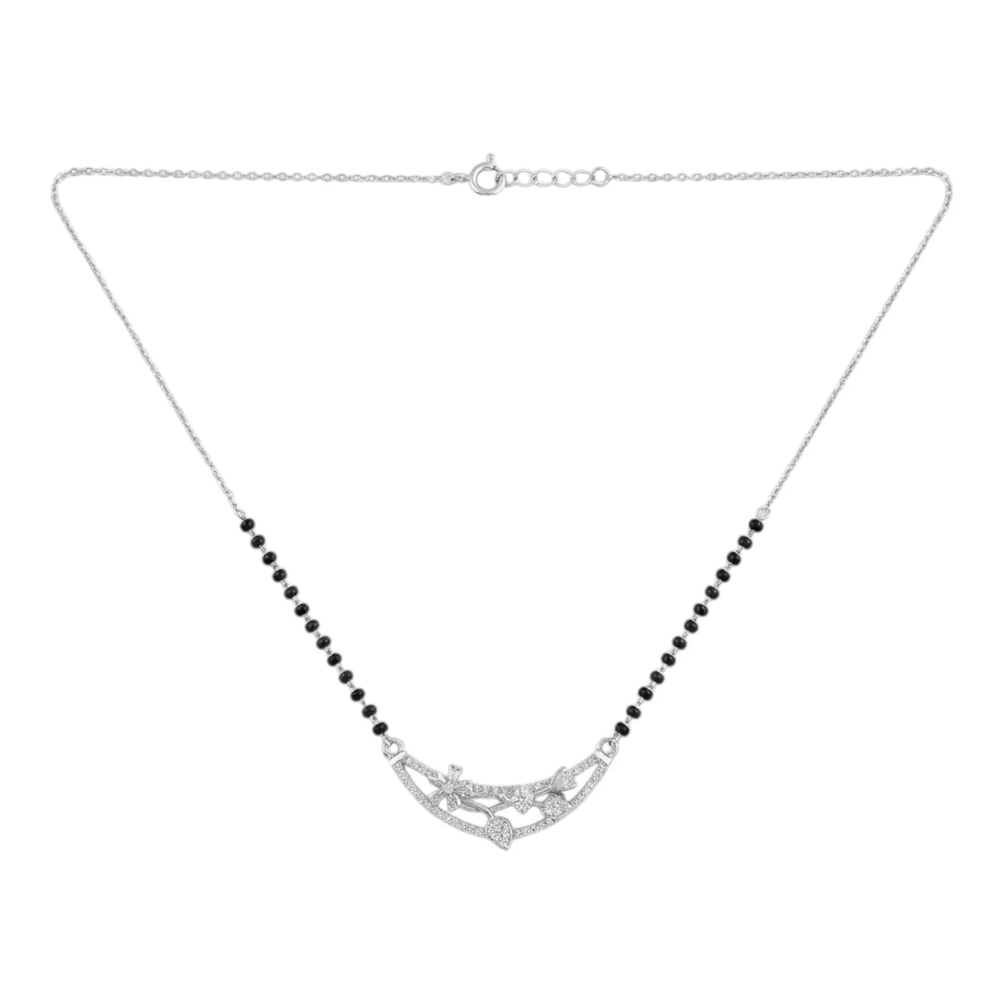 Silver Floral Crescent Suite Mangalsutra Earrings Set - Image 3