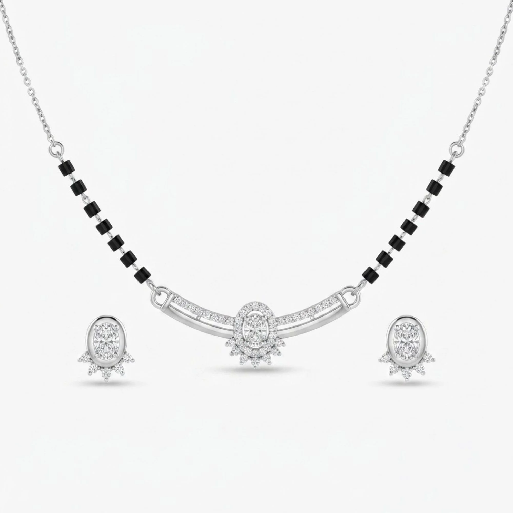 Silver Oval Halo Ensemble Mangalsutra Earrings Set