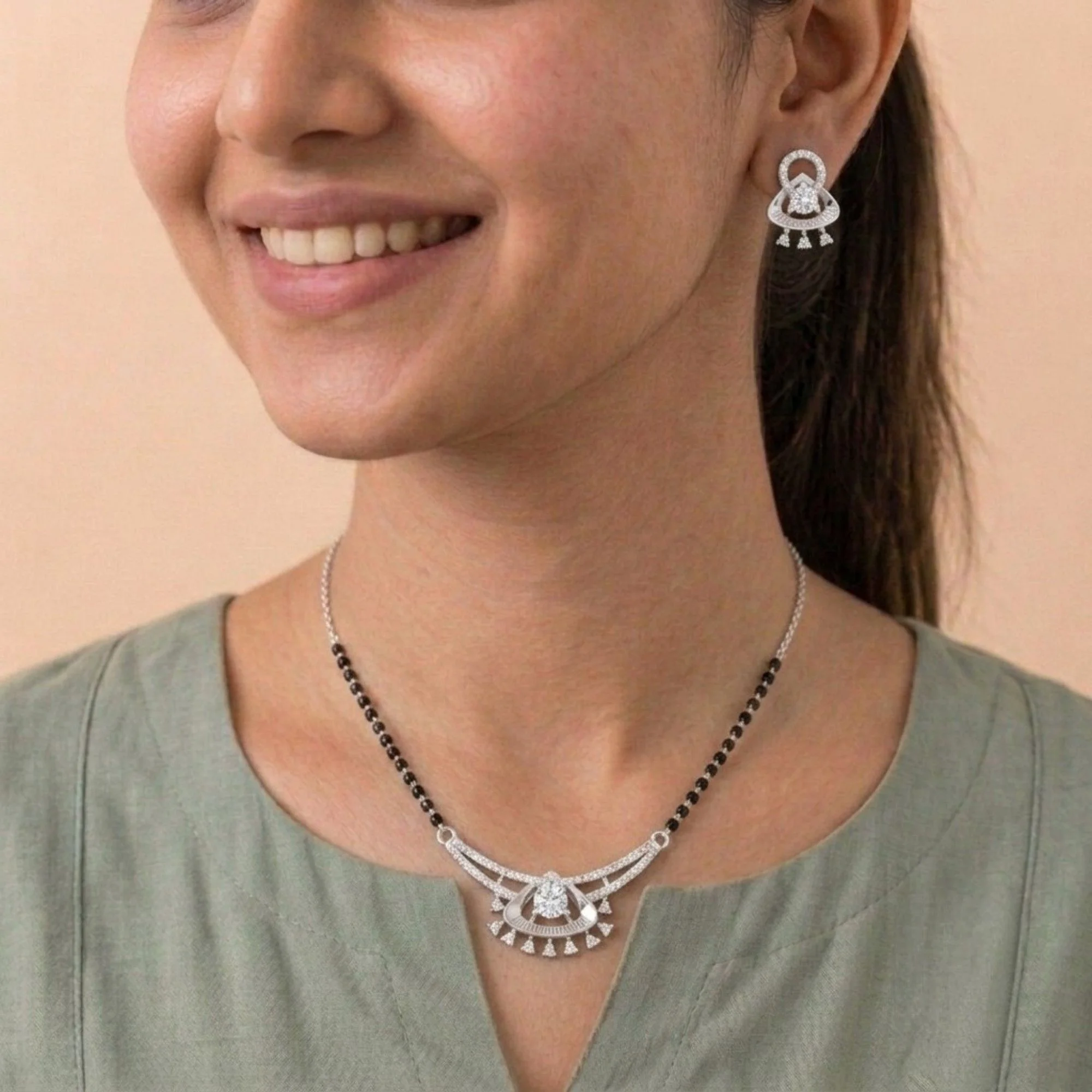 Silver Vibrant Flare Set Mangalsutra Earrings Set - 2