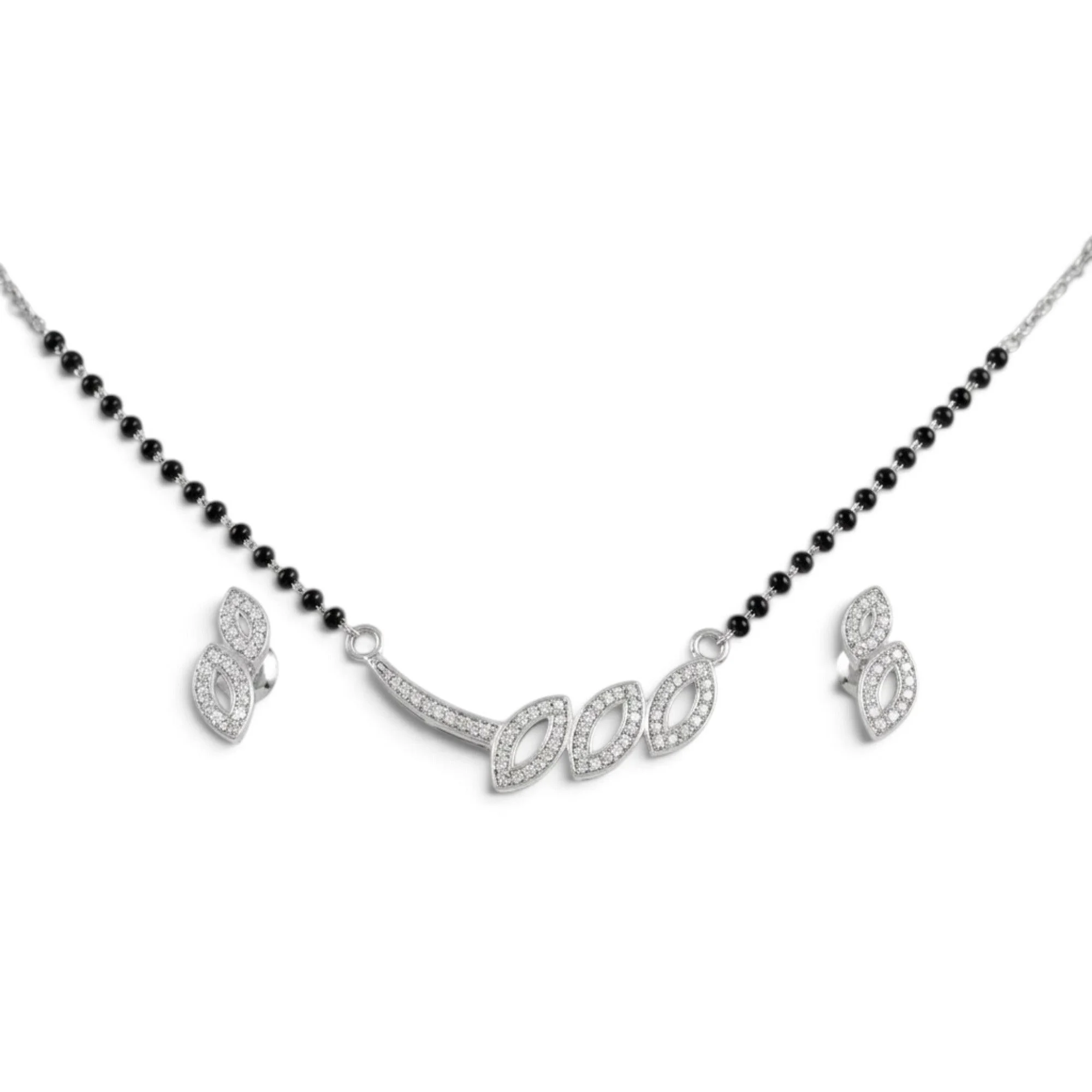 Silver Trio Foliage Set Mangalsutra Earrings Set