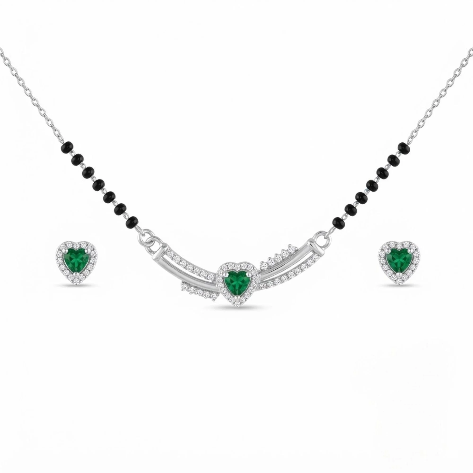 Silver Emerald Heart Grace Mangalsutra Earrings Set