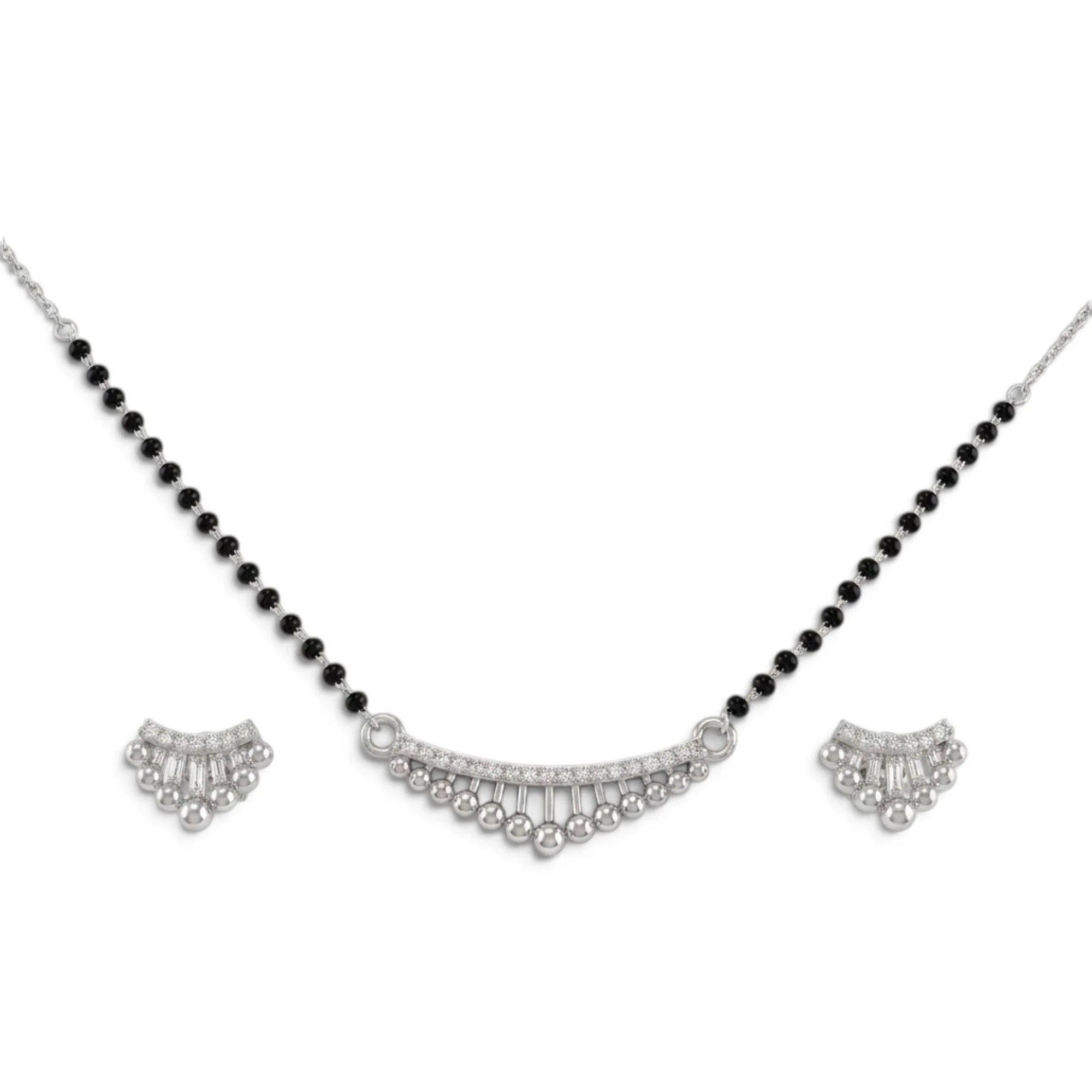 Silver Radiant Droplet Bar Mangalsutra Earrings Set