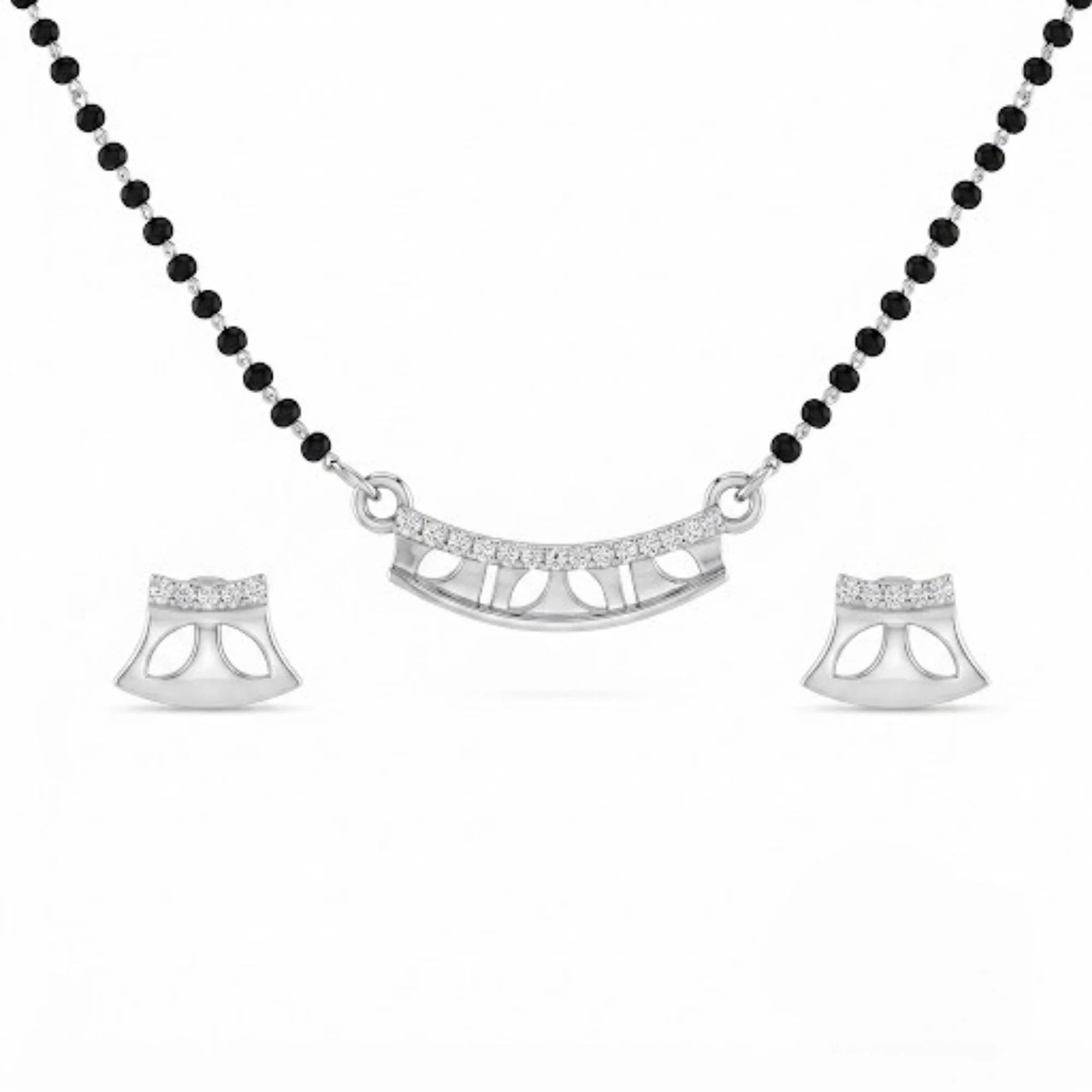 Silver Arched Window Bar Mangalsutra Earrings Set
