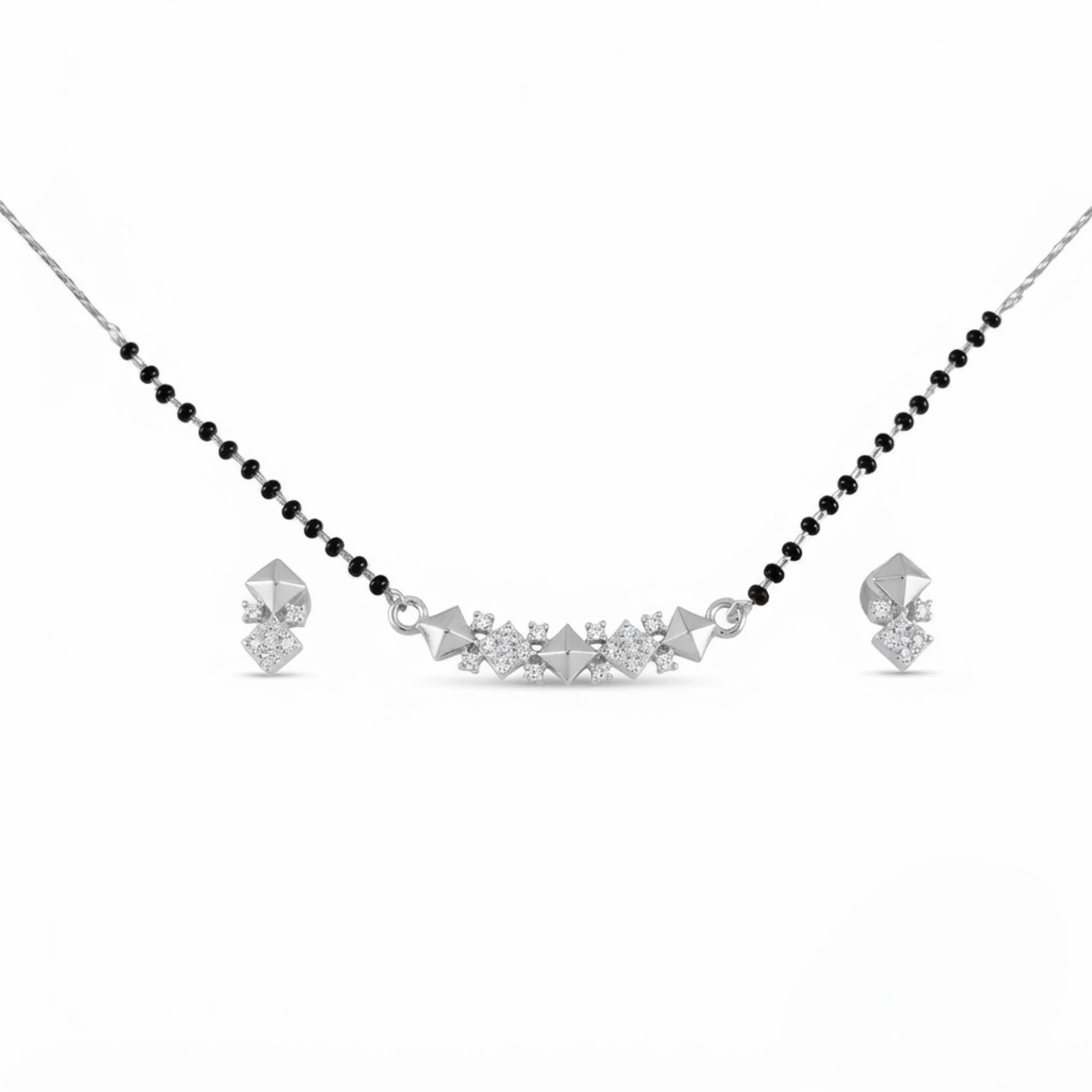 Silver Pyramid Cluster Bar Mangalsutra Earrings Set