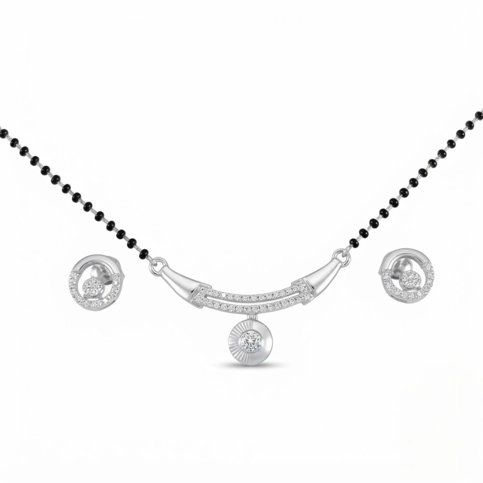 Silver Sunburst Coin Bar Mangalsutra Earrings Set