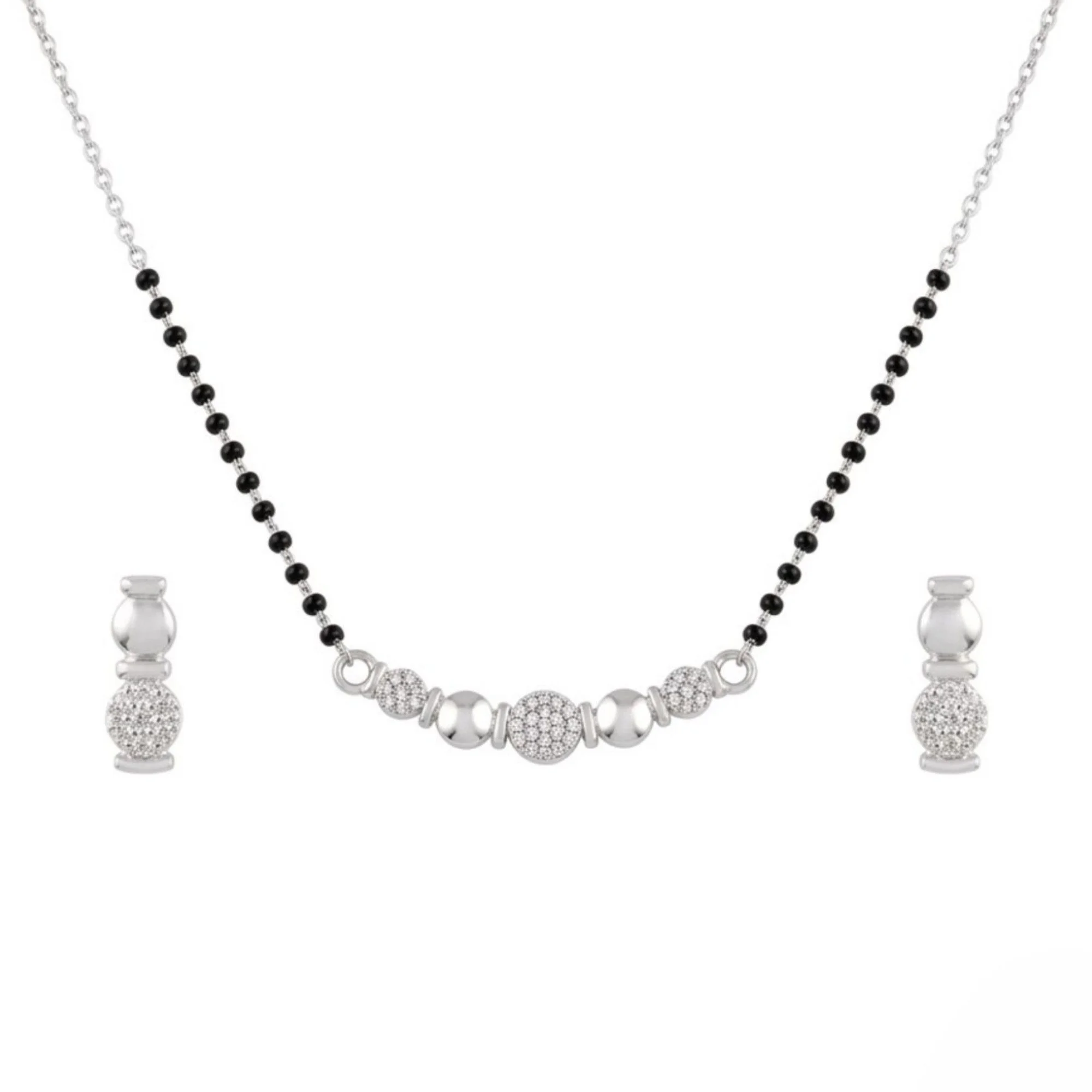Silver Rhythmic Pave Bar Mangalsutra Earrings Set