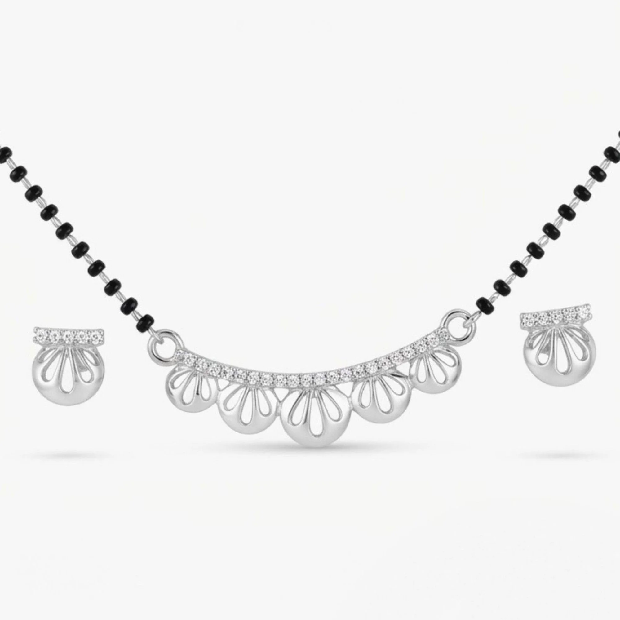 Silver Lotus Petal Crest Mangalsutra Earrings Set