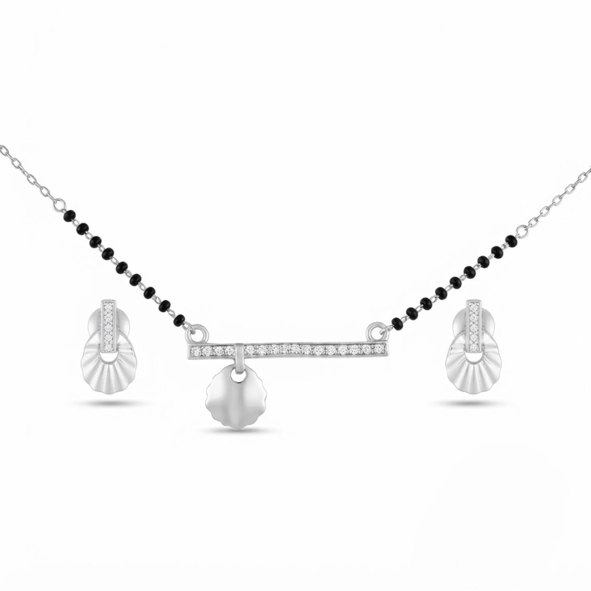 Silver Fluted Charm Bar Mangalsutra Earrings Set
